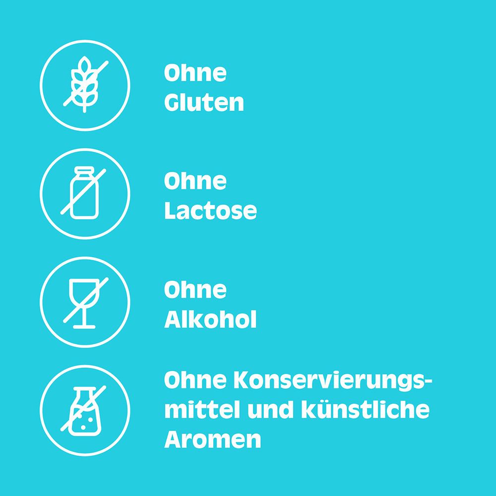 Symbole auf blauem Hintergrund. Ohne Gluten, Laktose, Alkohol, Konservierungsmittel und künstliche Aromen.