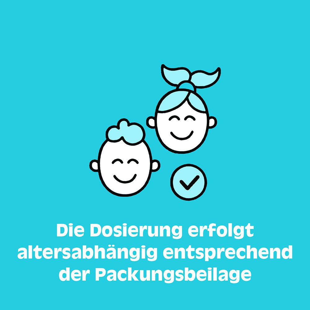 Illustration von Kindern. Text: Die Dosierung erfolgt altersabhängig entsprechend der Packungsbeilage.