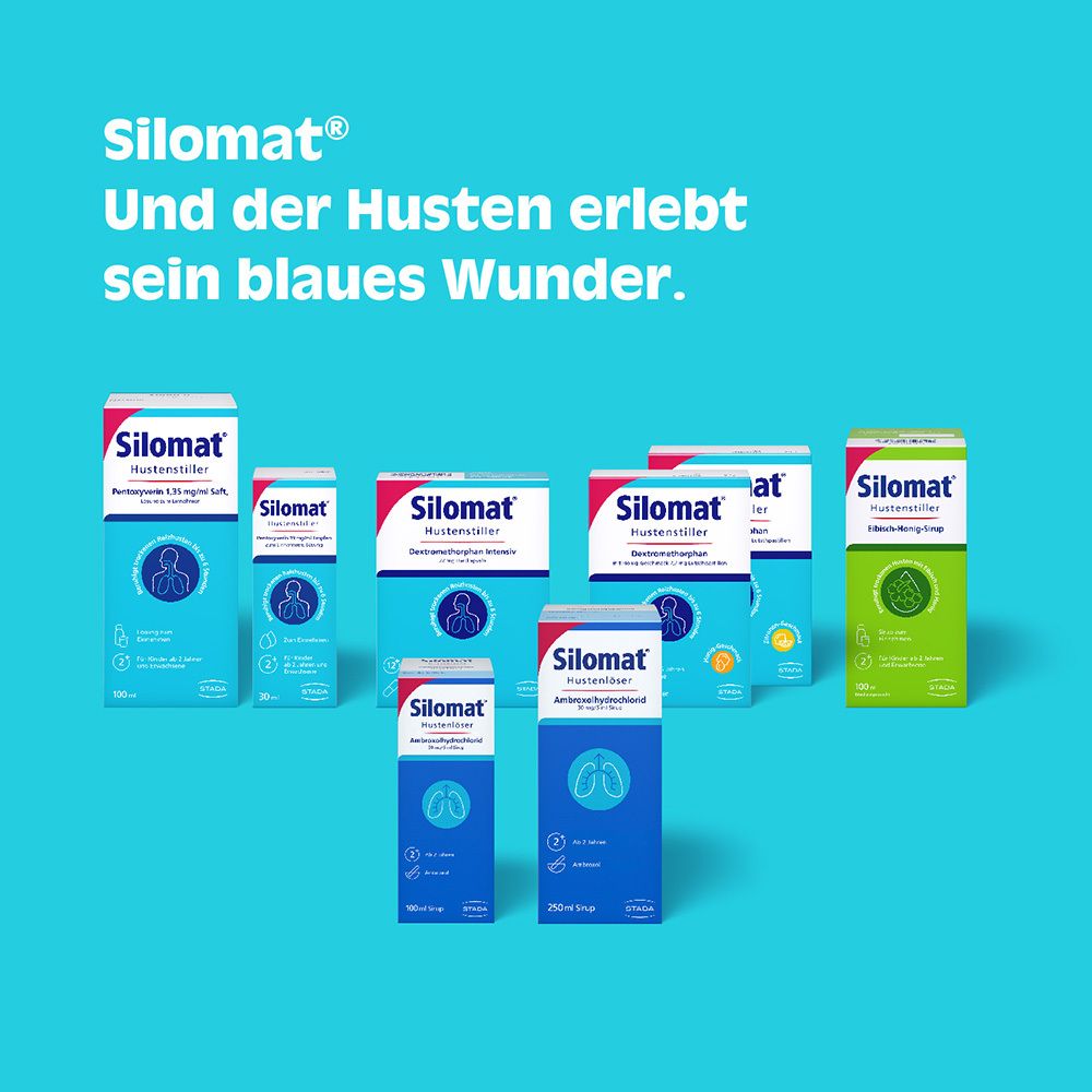 Verschiedene Packungen Hustenstiller. Text: Silomat und der Husten erlebt sein blaues Wunder.