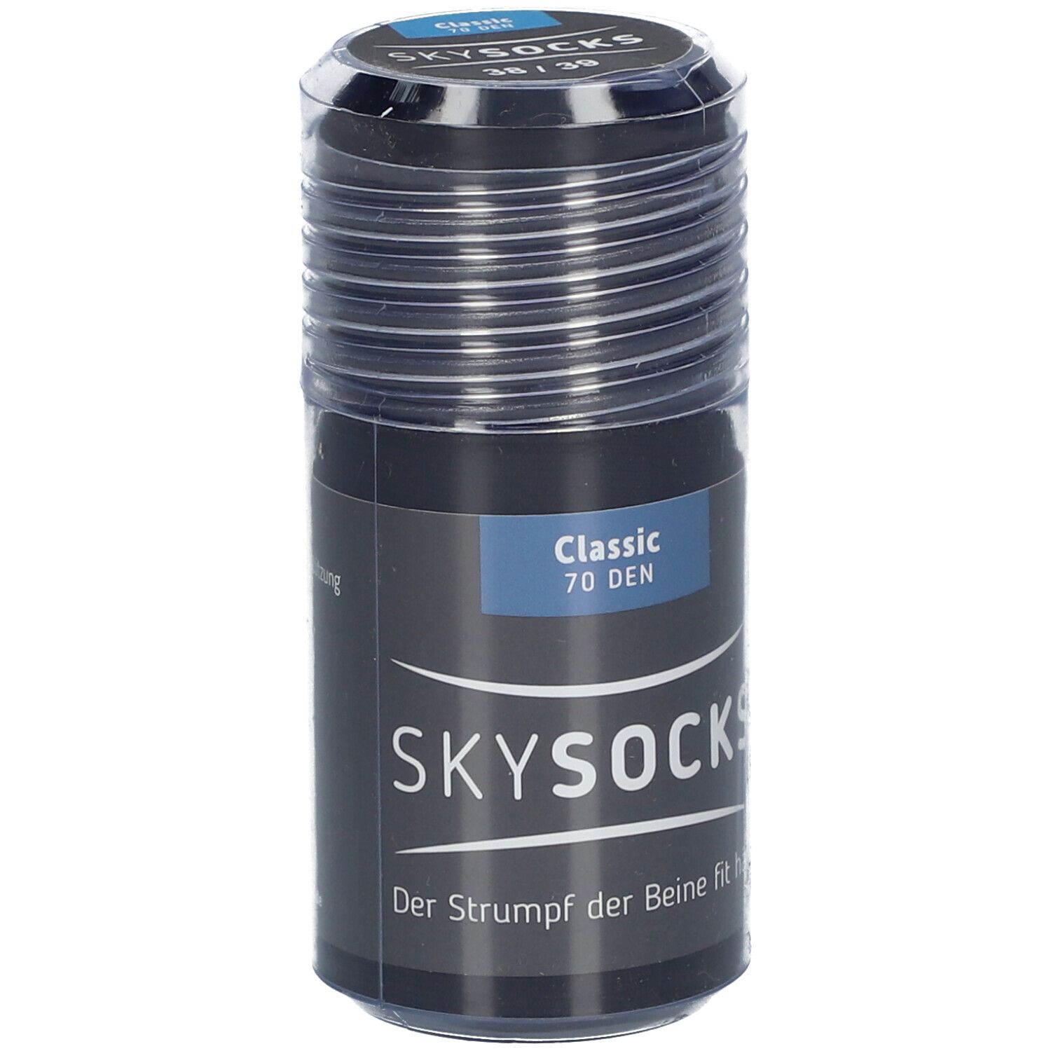Schwarze Strümpfe in zylindrischer Verpackung. Aufschrift: SKYSOCKS Classic 70 DEN. Größe 38/39.