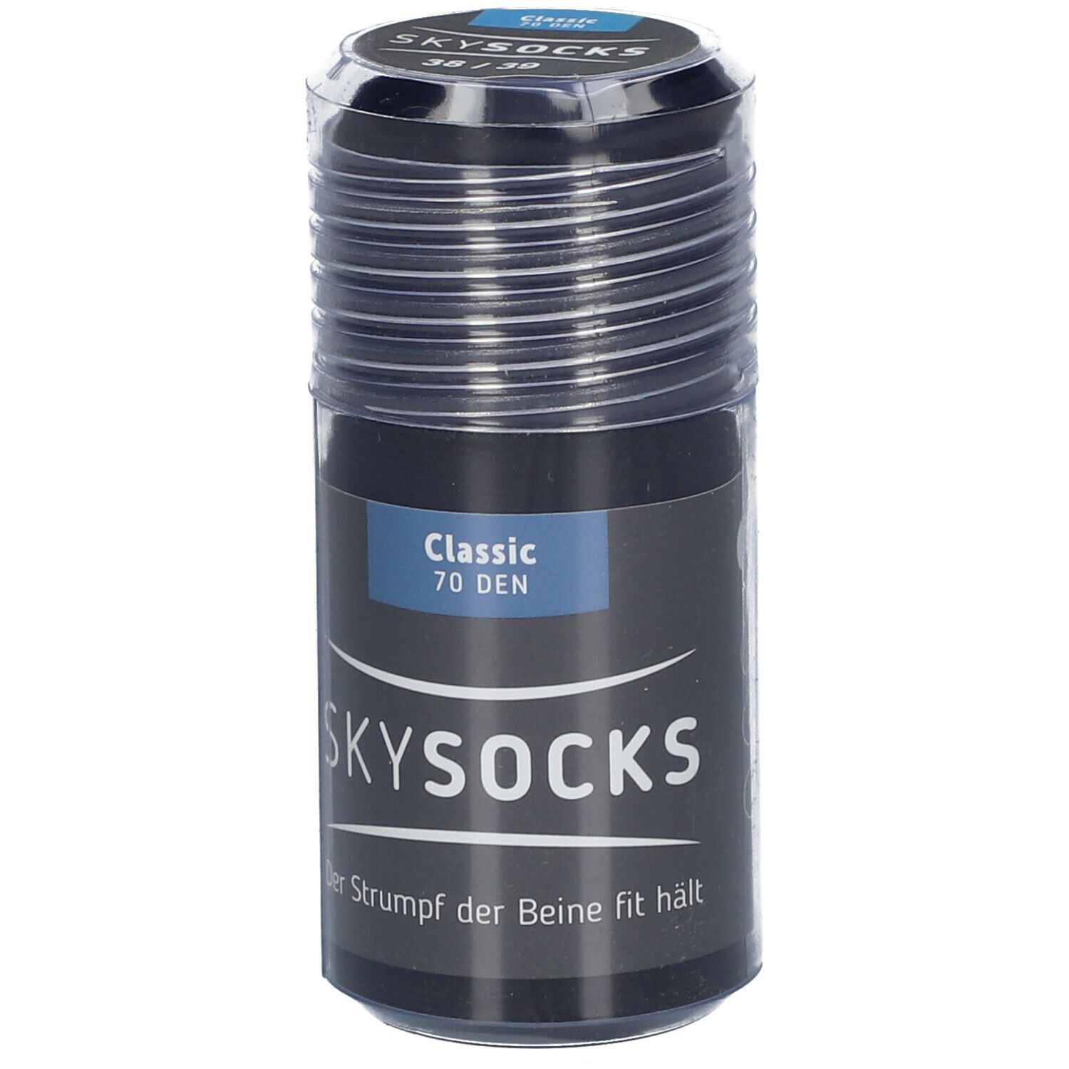 Schwarze Strümpfe in zylindrischer Verpackung. Aufschrift: SKYSOCKS Classic 70 DEN. Größe 38/39.