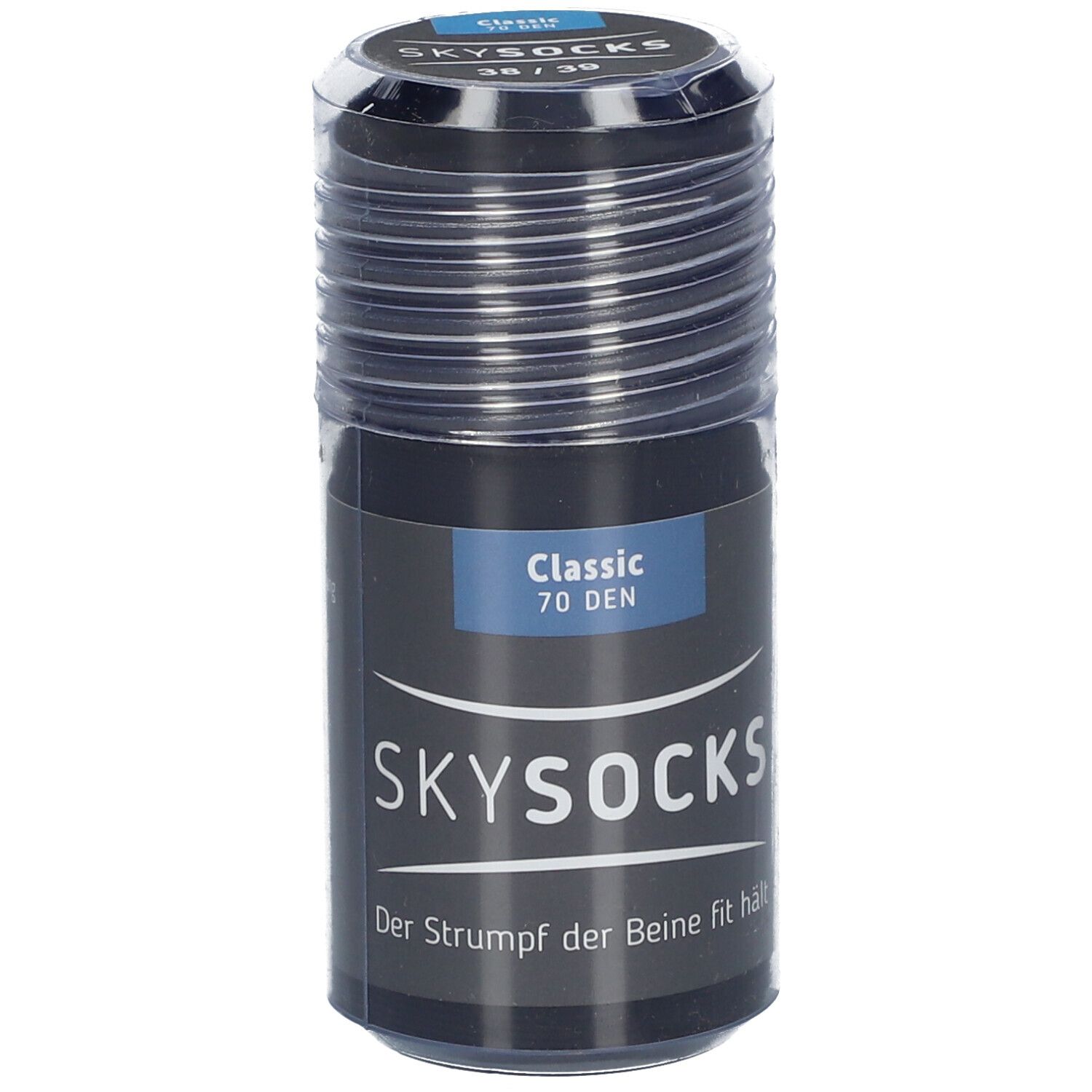 Schwarze Strümpfe in zylindrischer Verpackung. Aufschrift: SKYSOCKS Classic 70 DEN. Größe 38/39.