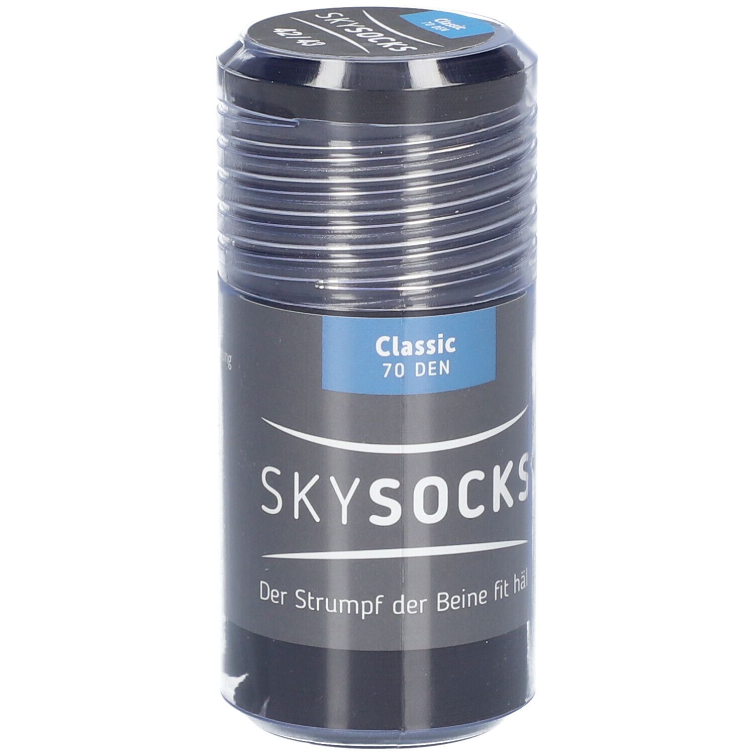Verpackung von SKYSOCKS Classic 70 DEN. Schwarze Strümpfe in zylindrischer Verpackung. Aufschrift: SKYSOCKS, Classic 70 DEN.