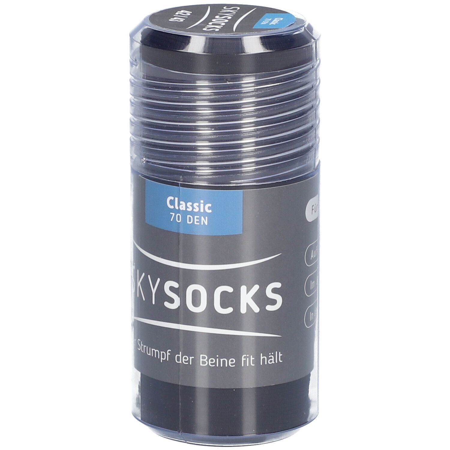 Verpackung von SKYSOCKS Classic 70 DEN. Schwarze Strümpfe in zylindrischer Verpackung. Aufschrift: SKYSOCKS, Classic 70 DEN.