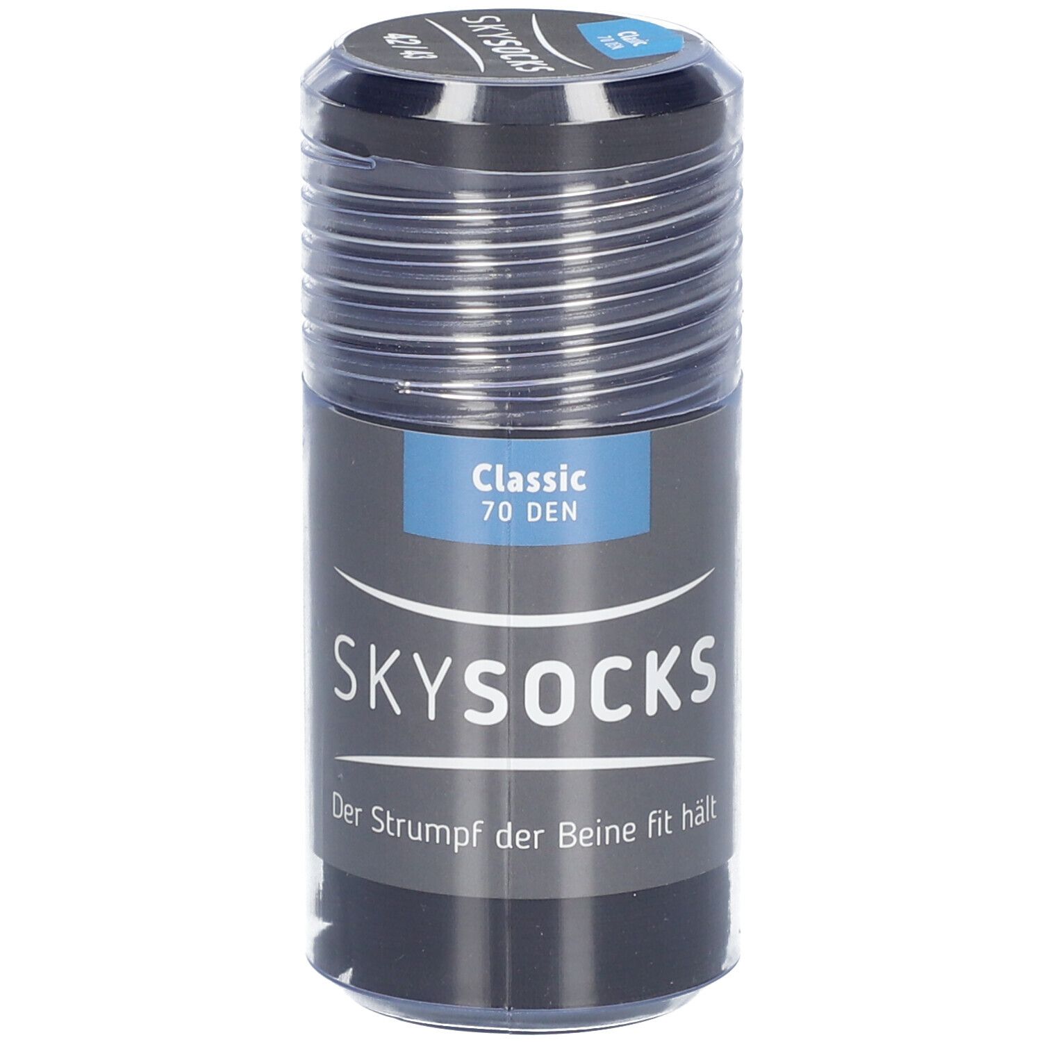 Verpackung von SKYSOCKS Classic 70 DEN. Schwarze Strümpfe in zylindrischer Verpackung. Aufschrift: SKYSOCKS, Classic 70 DEN.
