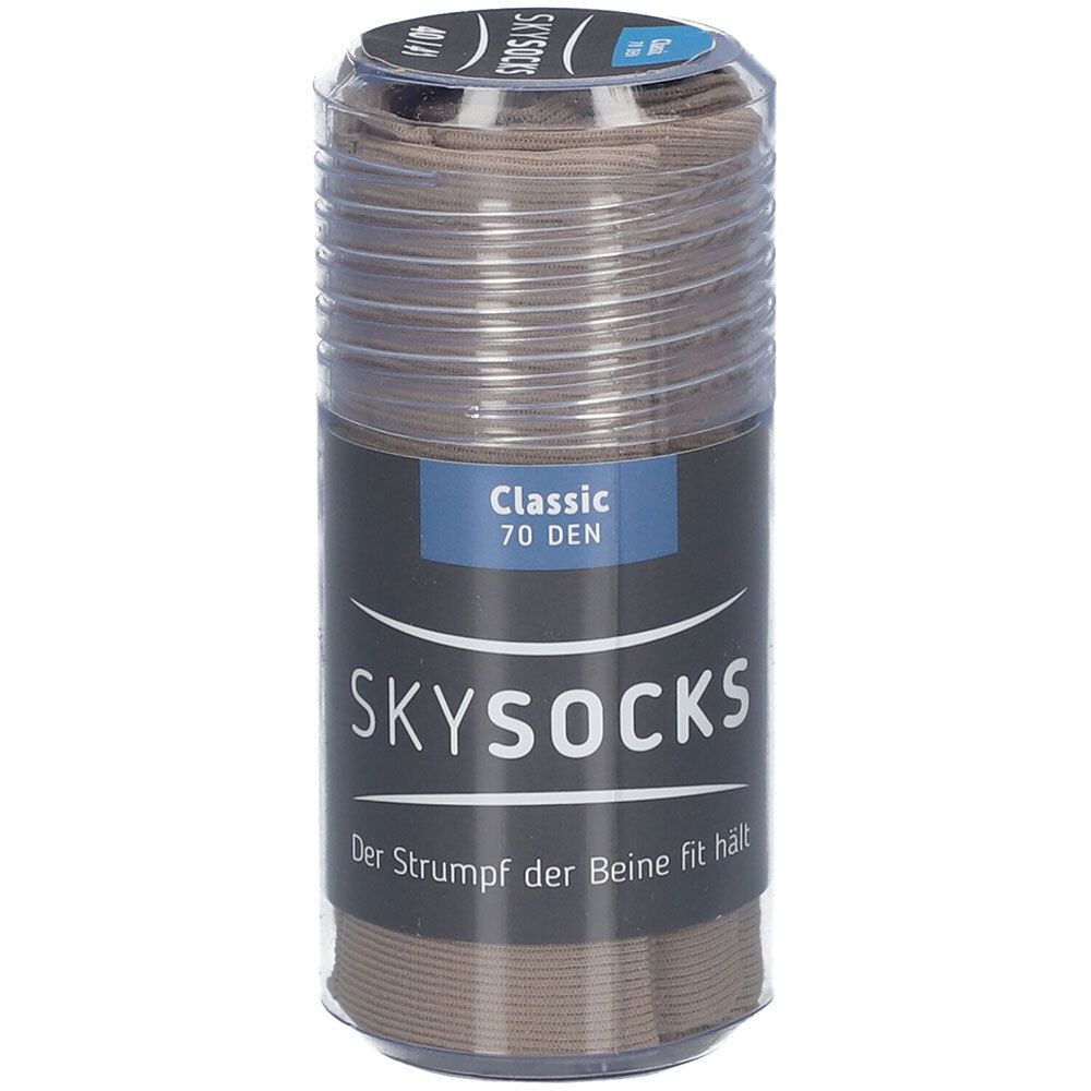 Safari-farbene Kompressionsstrümpfe in einer zylindrischen Verpackung. Auf der Verpackung steht "SKYSOCKS Classic 70 DEN".