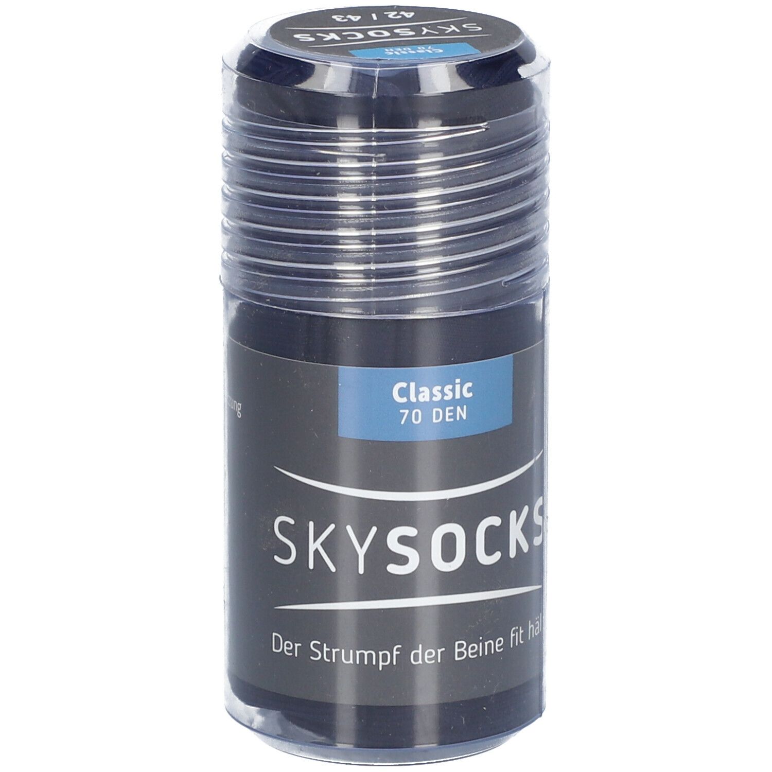 Verpackung von SKYSOCKS Classic 70den AD, Größe 42/43, Navy. Zylinderförmige Verpackung mit Produktinformationen.