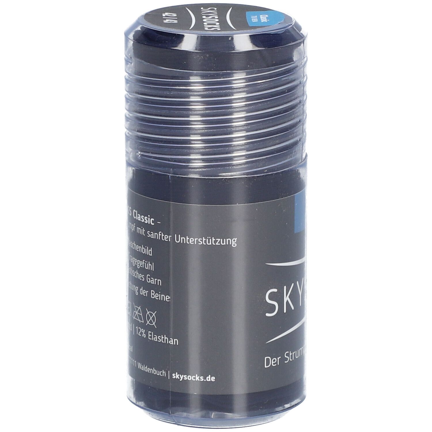 Zylinderförmige Verpackung von SKYSOCKS. Produktinformationen, Größenangabe 42/43 und Materialzusammensetzung.