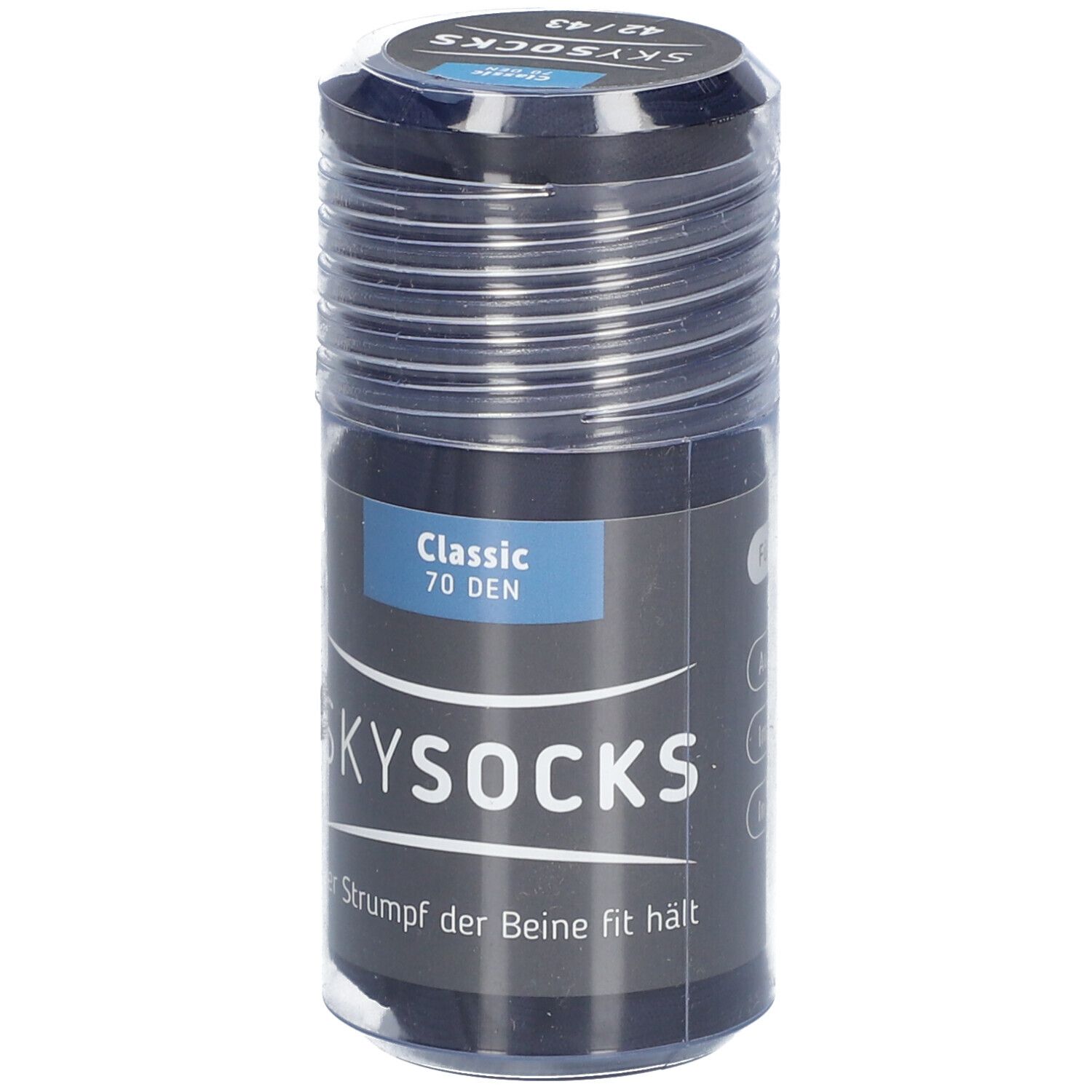 Verpackung von SKYSOCKS Classic 70den AD, Größe 42/43, Navy. Zylinderförmige Verpackung mit Produktinformationen.