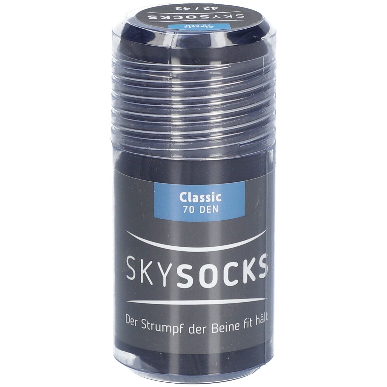 Verpackung von SKYSOCKS Classic 70den AD, Größe 42/43, Navy. Zylinderförmige Verpackung mit Produktinformationen und Logo.