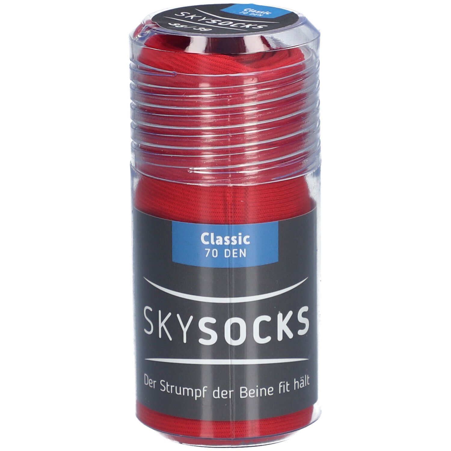 Rote SKYSOCKS Classic 70 DEN in transparenter Verpackung. Aufschrift: SKYSOCKS, Classic 70 DEN.