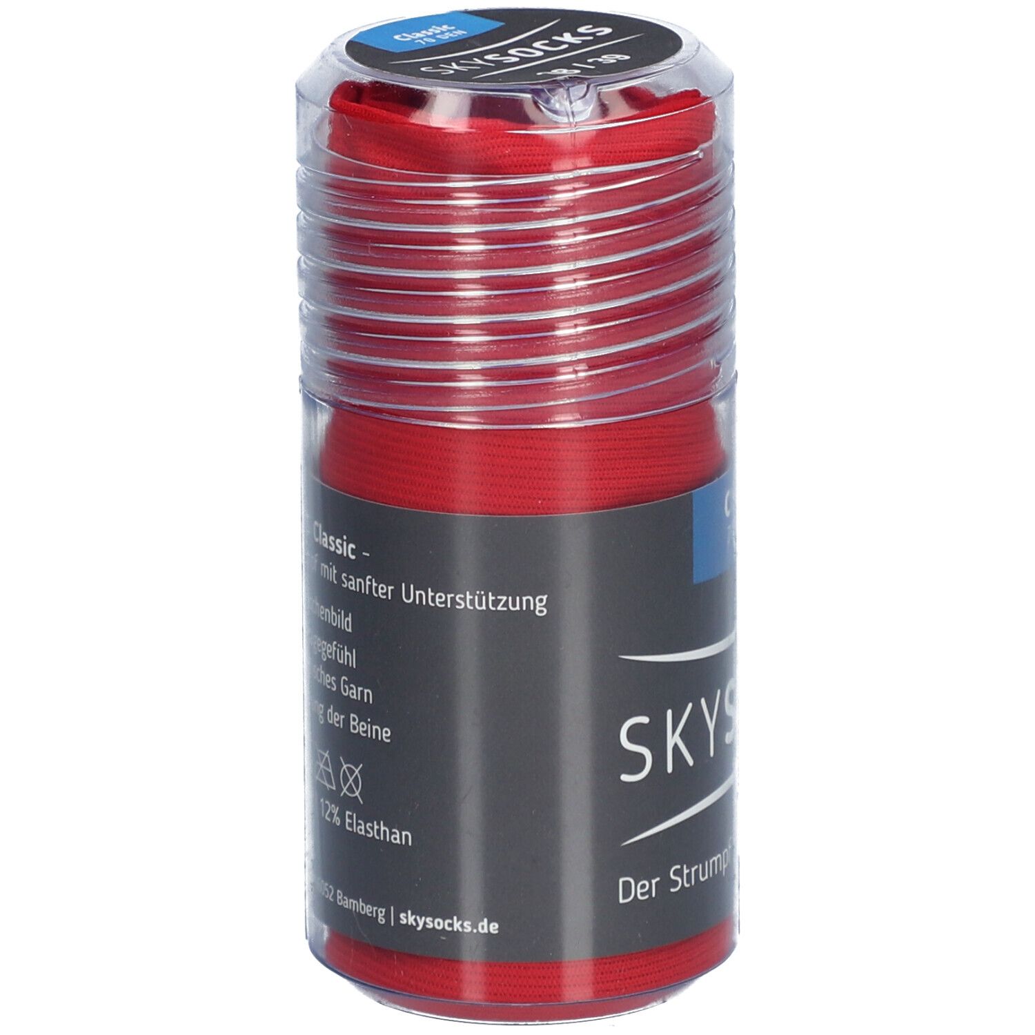 Rote SKYSOCKS Classic in transparenter Verpackung. Aufschrift: SKYSOCKS, Classic, mit sanfter Unterstützung.