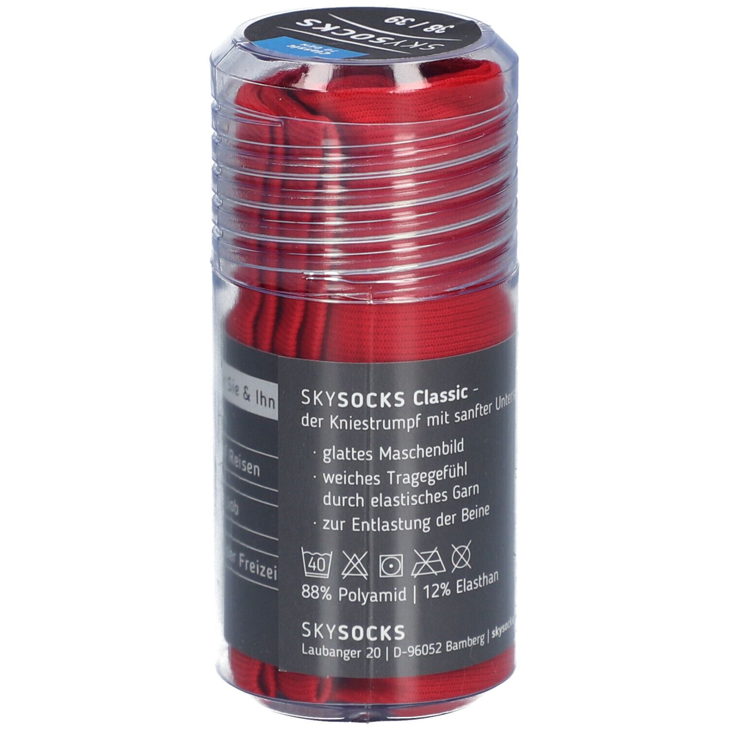 Rote SKYSOCKS Classic in transparenter Verpackung. Aufschrift: SKYSOCKS Classic, 88% Polyamid, 12% Elasthan.