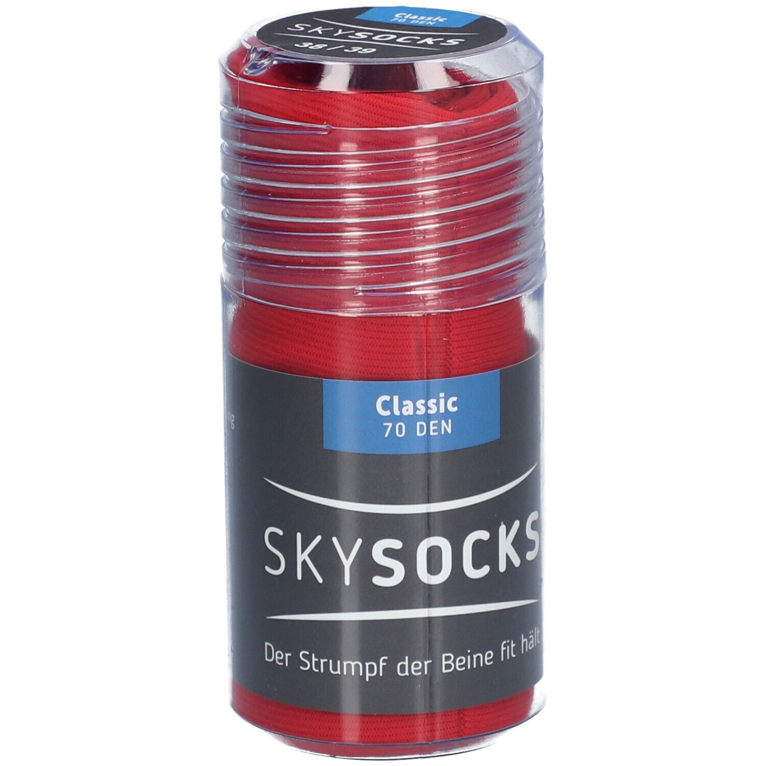 Rote SKYSOCKS Classic 70 DEN in transparenter Verpackung. Aufschrift: SKYSOCKS, Classic 70 DEN, Größe 38/39.