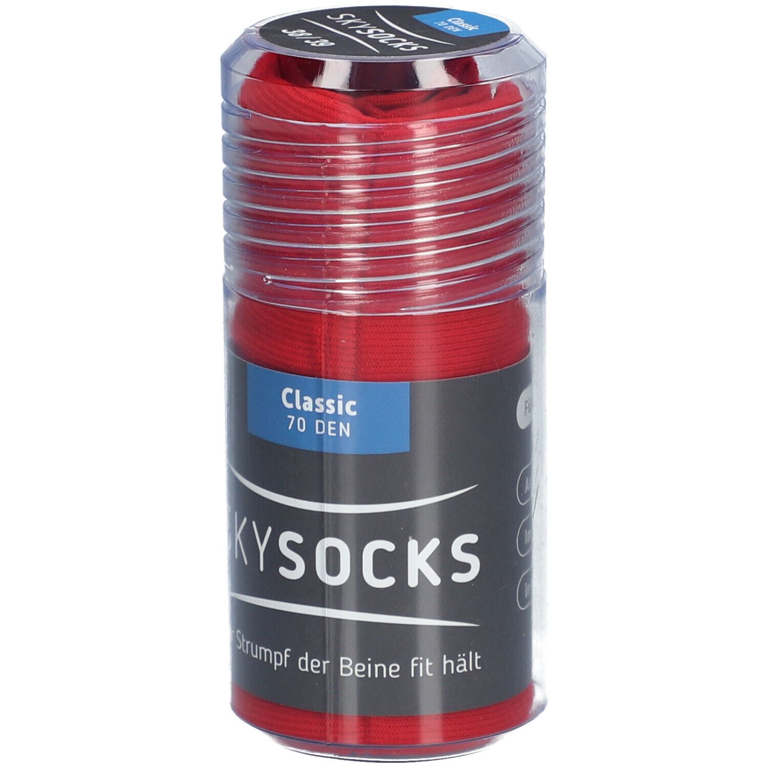 Rote SKYSOCKS Classic 70 DEN in transparenter Verpackung. Aufschrift: SKYSOCKS, Classic 70 DEN, Größe 38/39.