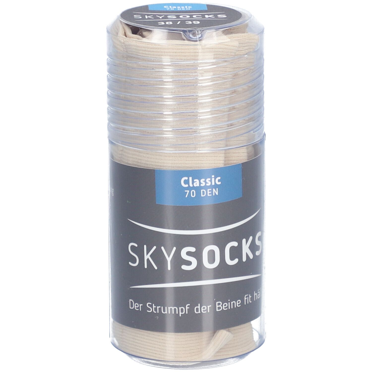 Beige SKYSOCKS Classic 70den AD in transparenter Verpackung. Größe 38/39. Aufschrift: Der Strumpf der Beine fit hält.