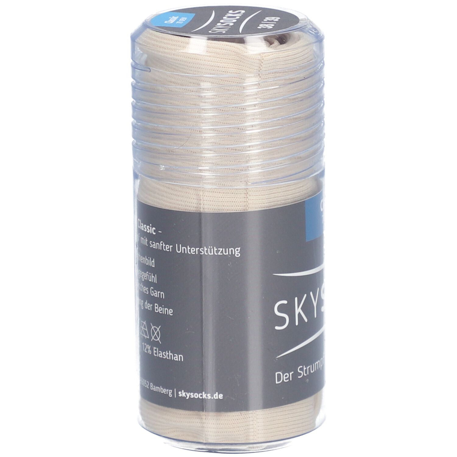 Beige SKYSOCKS Classic in transparenter Verpackung. Aufschrift: Mit sanfter Unterstützung, 88% Polyamid, 12% Elasthan. Adresse des Herstellers.