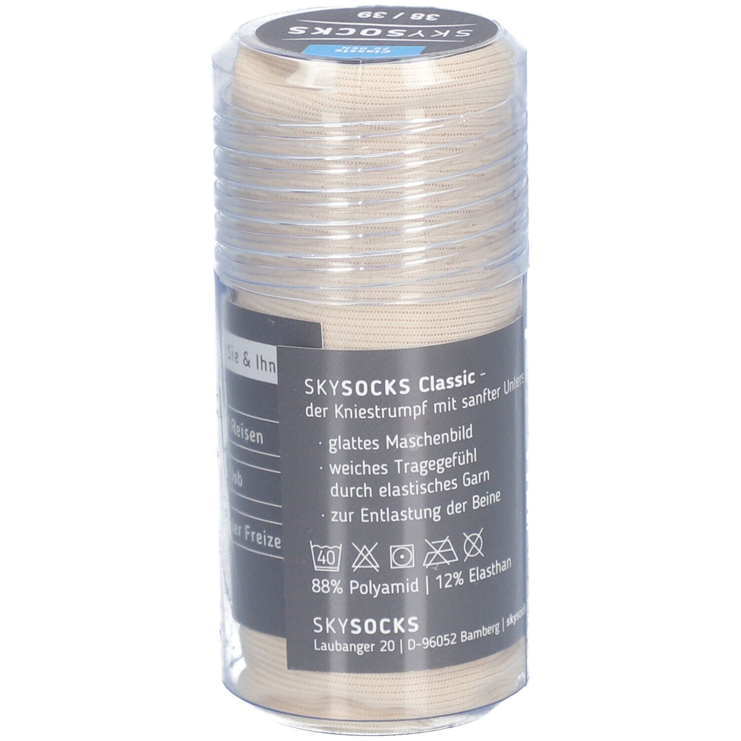 Beige SKYSOCKS Classic in transparenter Verpackung. Aufschrift: SKYSOCKS Classic - der Kniestrumpf mit sanfter Unterstützung. Materialangaben.