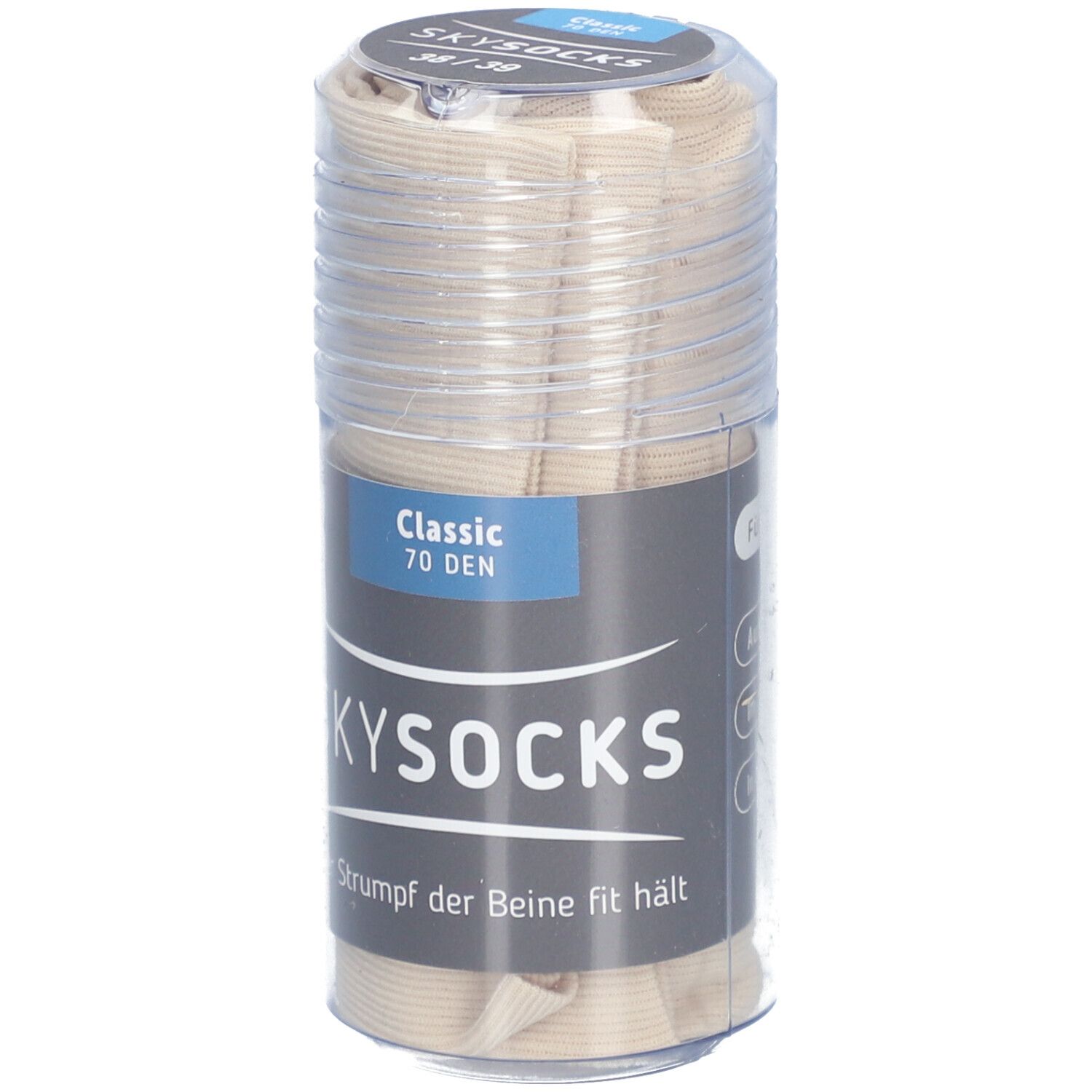 Beige SKYSOCKS Classic 70den AD in transparenter Verpackung. Größe 38/39. Aufschrift: Der Strumpf der Beine fit hält.