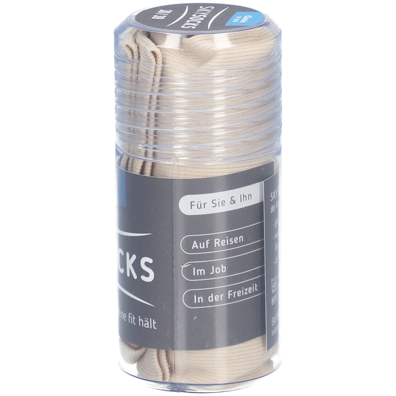 Beige SKYSOCKS in transparenter Verpackung. Aufschrift: Für Sie & Ihn, Auf Reisen, Im Job, In der Freizeit. Der Strumpf der Beine fit hält.