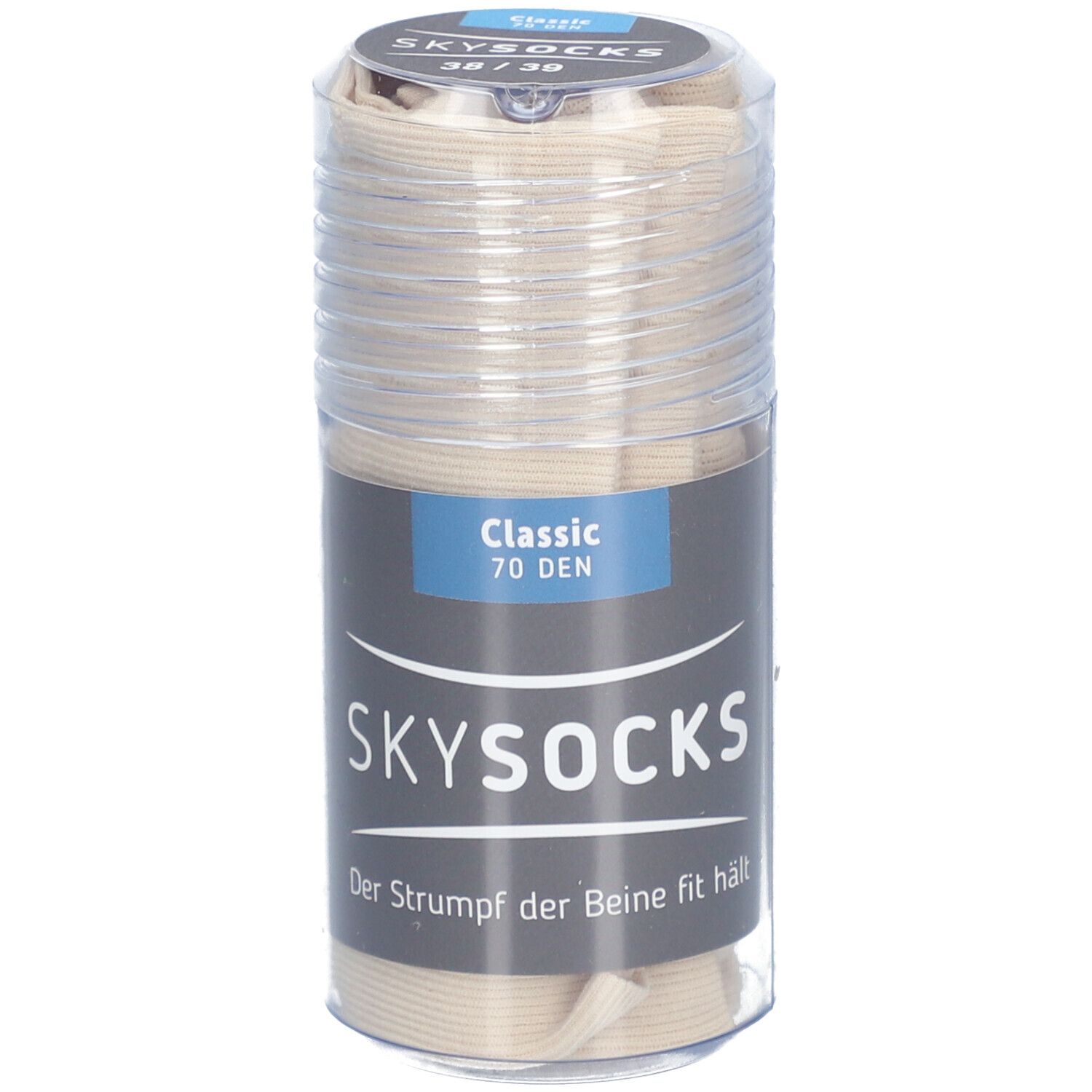 Beige SKYSOCKS Classic 70den AD in transparenter Verpackung. Größe 38/39. Aufschrift: Der Strumpf der Beine fit hält.