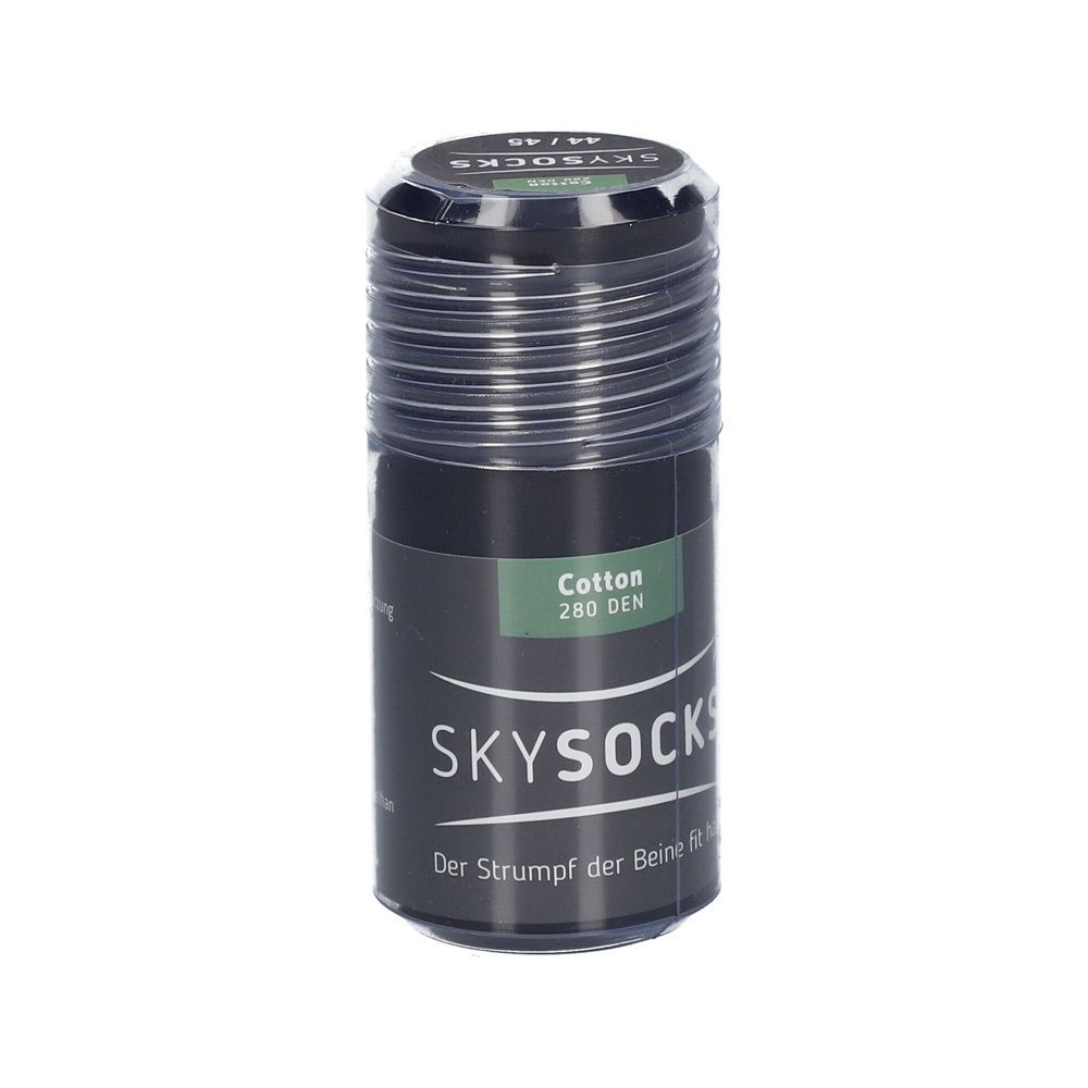 Zylindrische Verpackung mit SKYSOCKS-Socken. Schwarzer Behälter mit transparentem Deckel. Aufschrift: Cotton 280 DEN.