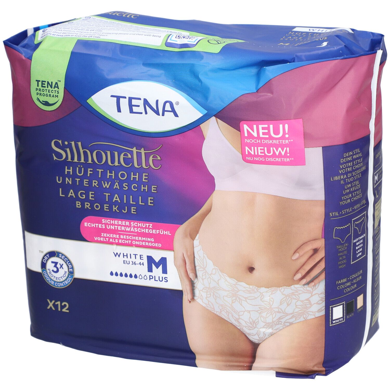 Verpackung TENA Silhouette Plus White M. Hüfthohe Unterwäsche. Größe M. 12 Stück. Mit Aufdrucken und Abbildungen.