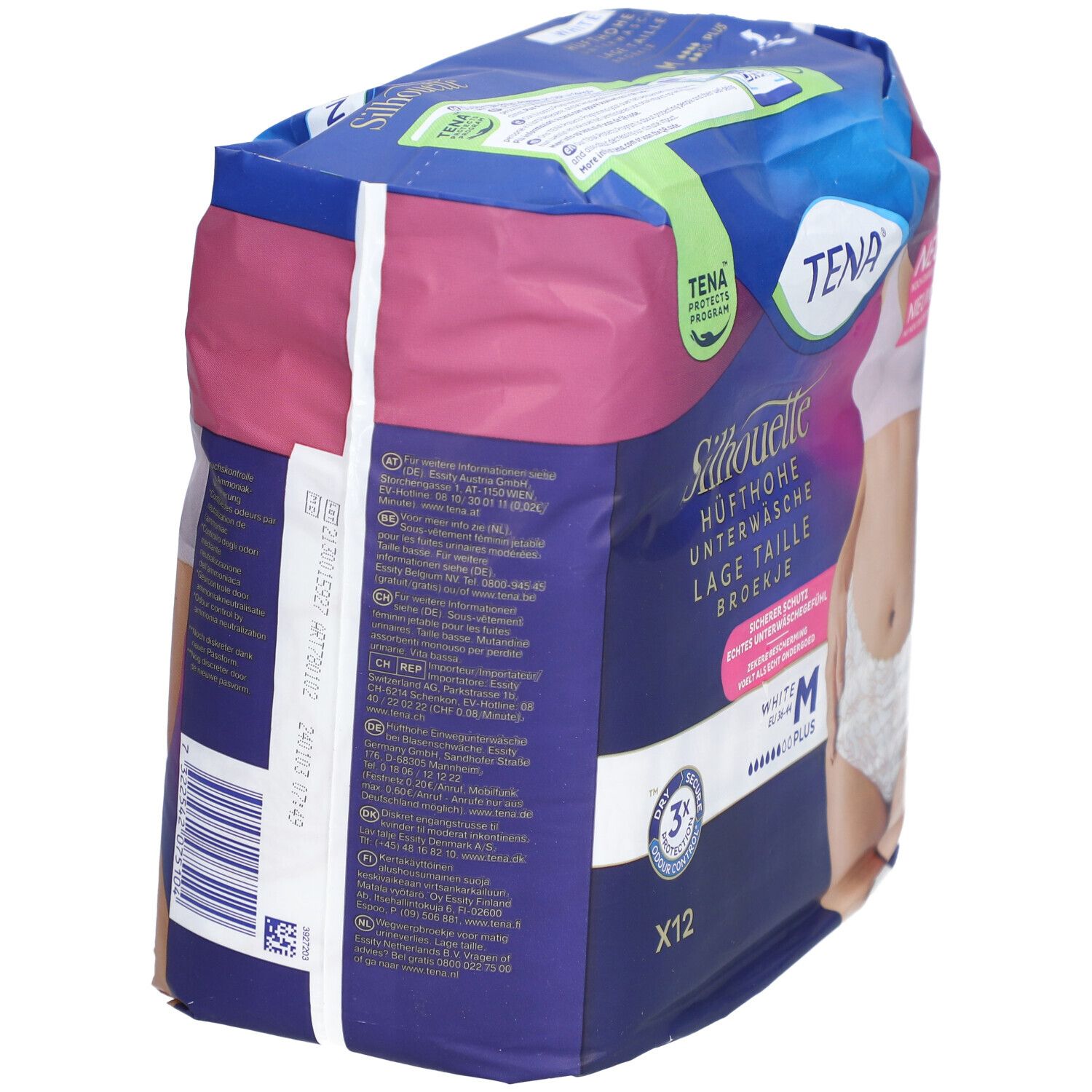 Verpackung TENA Silhouette Plus White M. Rückseite mit Produktinformationen und Barcode. Größe M, 12 Stück.