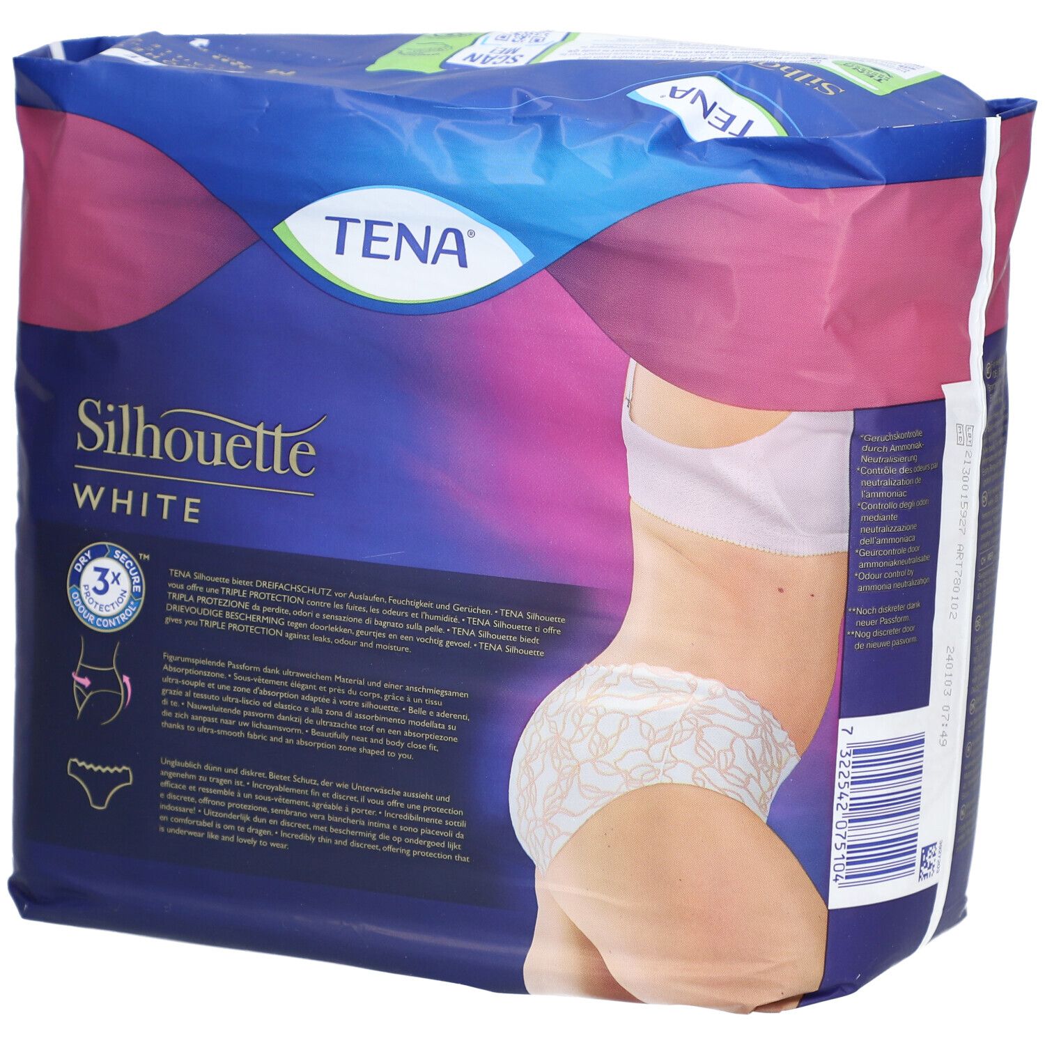 Verpackung TENA Silhouette White. Produktabbildung. Größe M. 12 Stück. Mit Produktinformationen und Illustrationen.