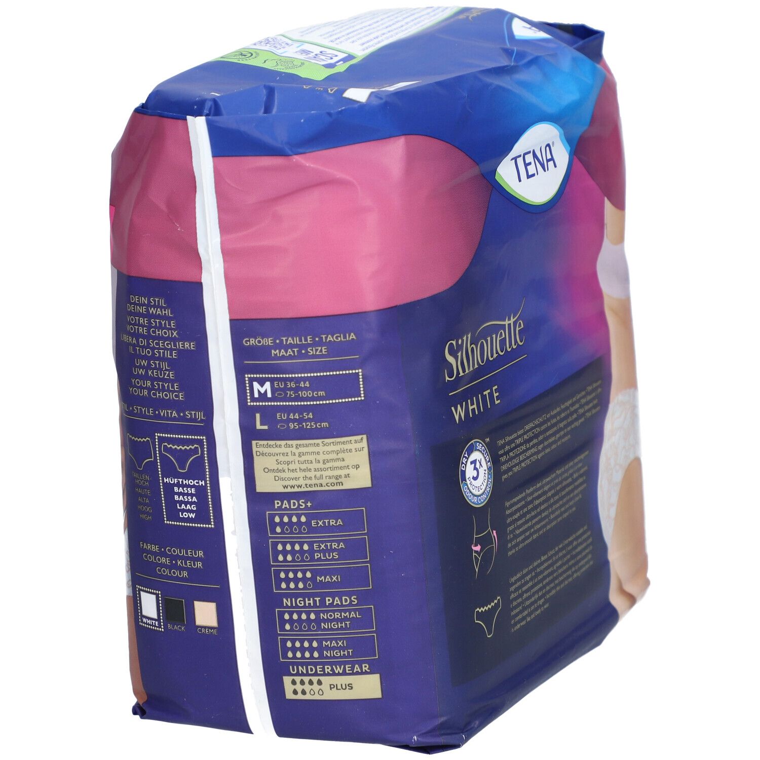 Verpackung TENA Silhouette White. Rückseite mit Produktinformationen. Größe M. 12 Stück. Mit Illustrationen.