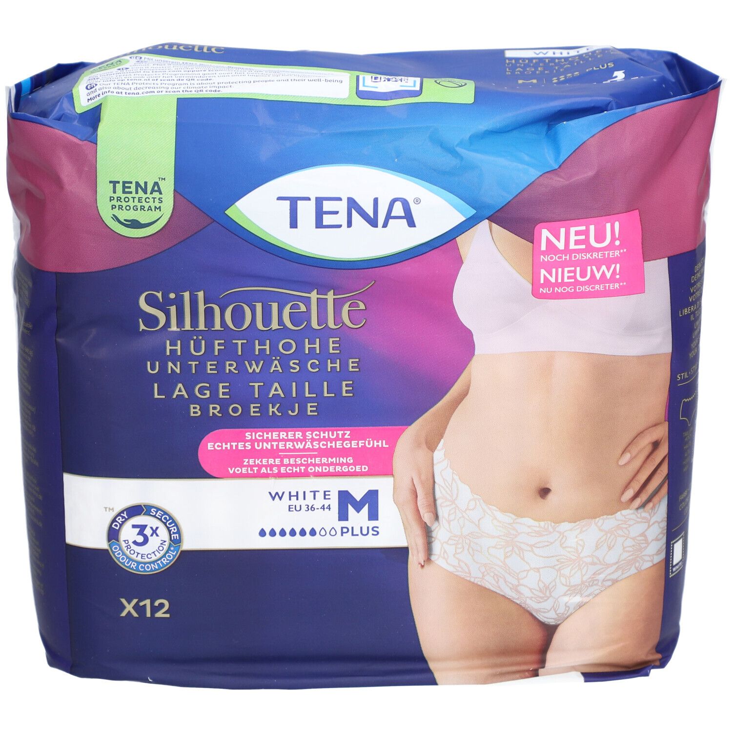 Verpackung TENA Silhouette Plus White M. Hüfthohe Unterwäsche. Größe M. 12 Stück. Mit Aufdrucken und Abbildungen.