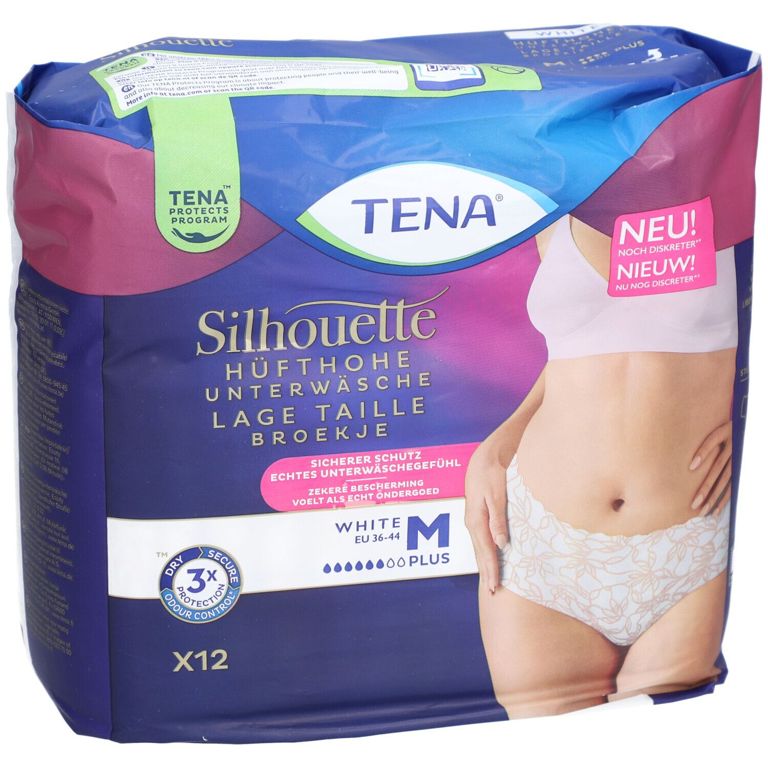 Verpackung TENA Silhouette Plus White M. Hüfthohe Unterwäsche. Größe M. 12 Stück. Mit Aufdrucken und Abbildungen.
