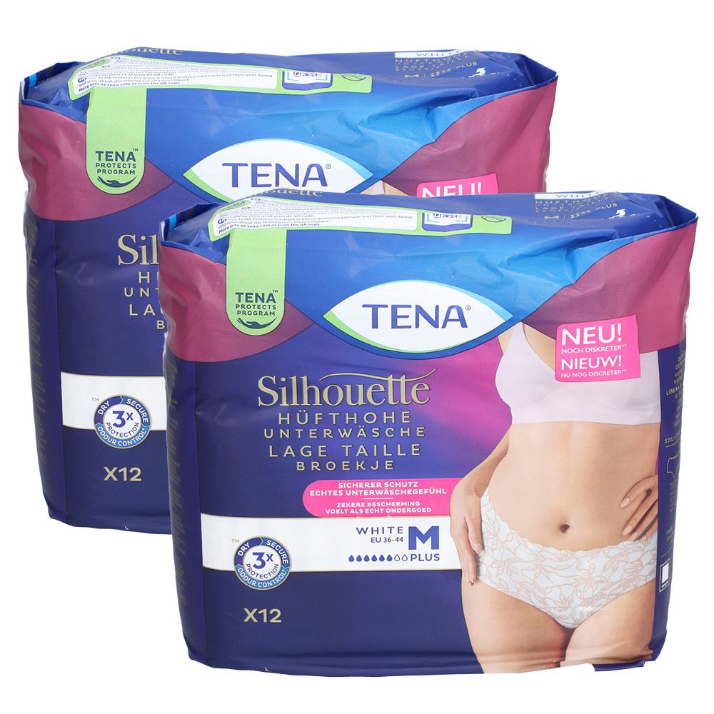 Zwei Packungen TENA Silhouette Plus White M. Blaue und weiße Verpackung mit Produktabbildung und Text. 'NEU!' Aufdruck.