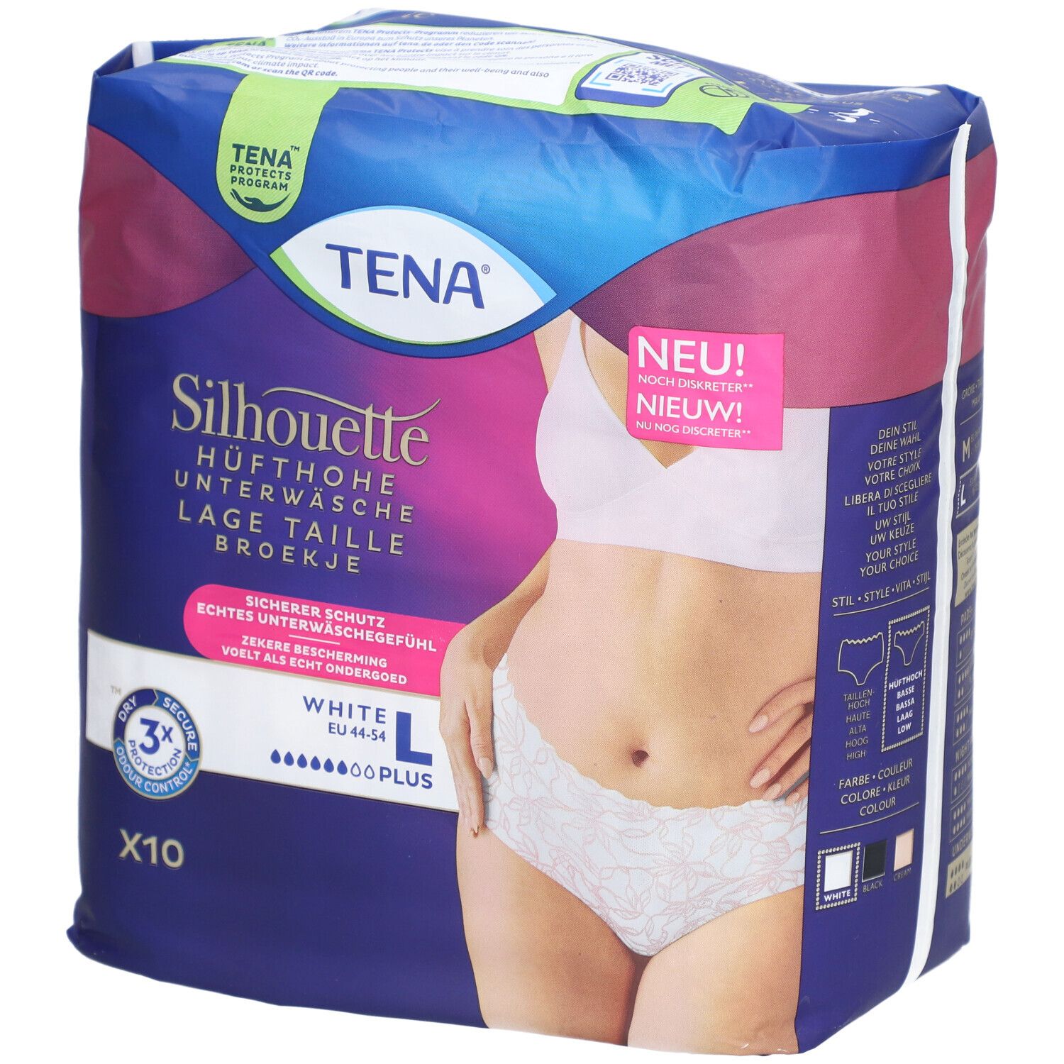 Verpackung von TENA Silhouette Plus White L. Hüfthohe Unterwäsche. Größe L. Zehn Stück. Mit Illustration einer Frau.