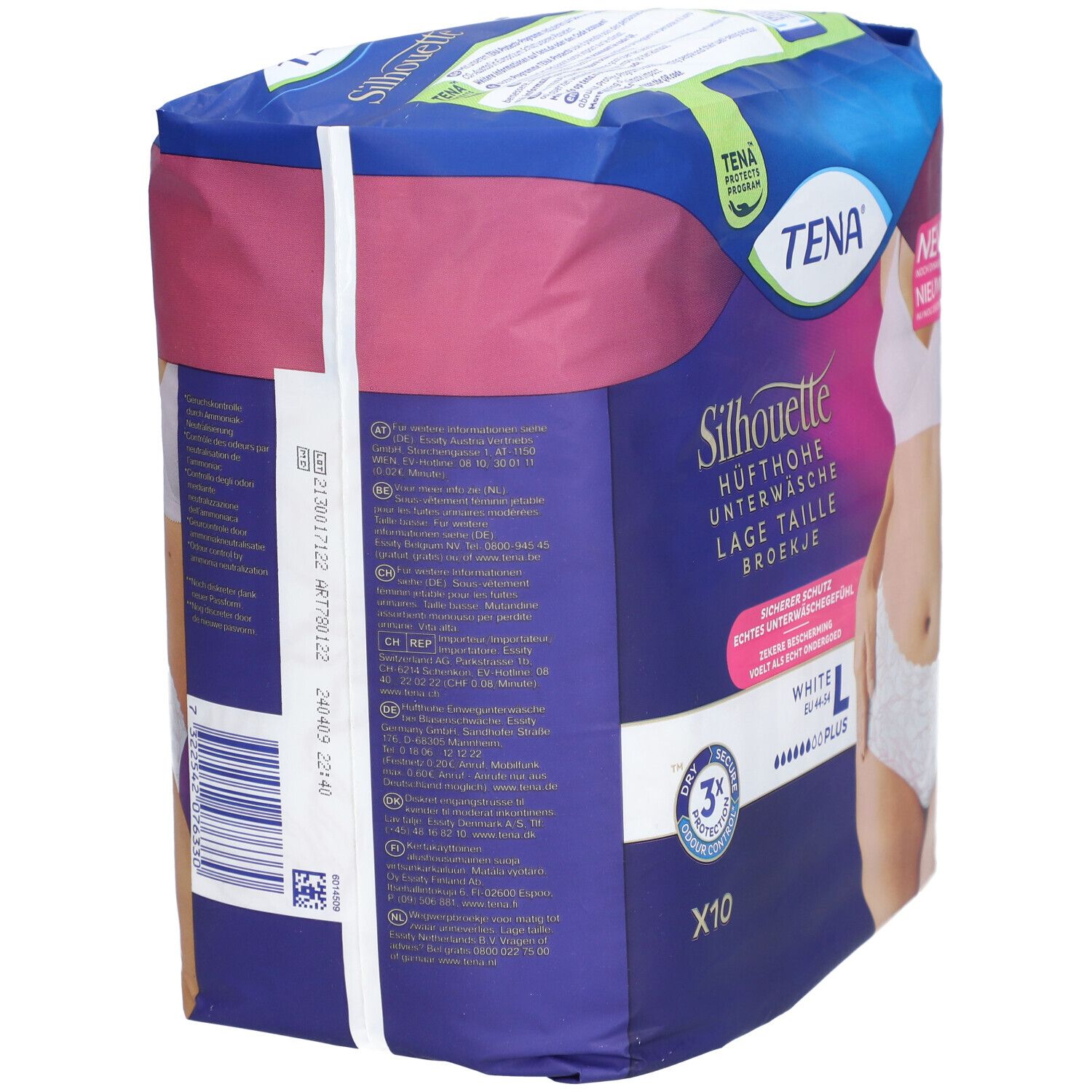 Rückseite der Verpackung von TENA Silhouette Plus White L. Informationen und Illustrationen. Größe L. Zehn Stück.