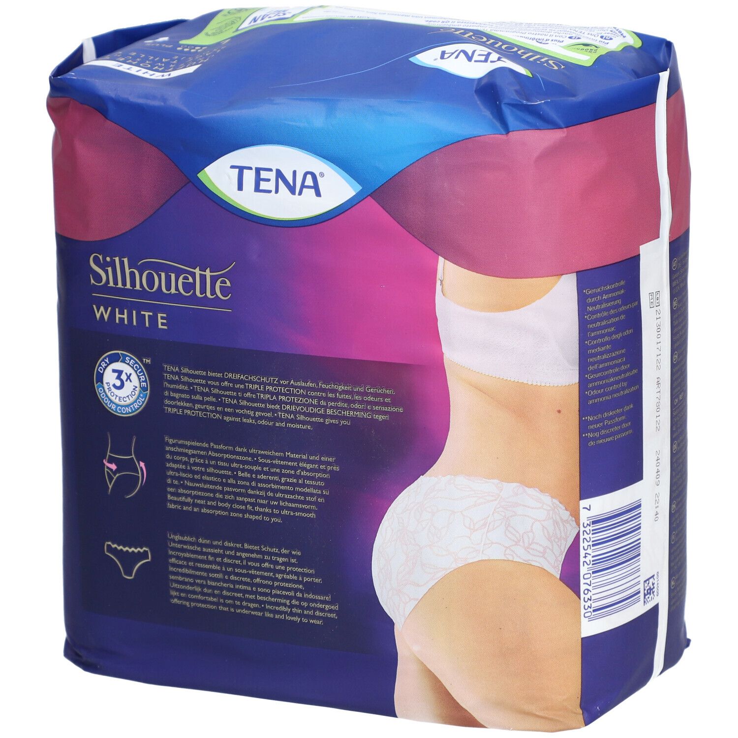 Verpackung von TENA Silhouette White. Hüfthohe Unterwäsche. Größe L. Illustration einer Frau. Zehn Stück.