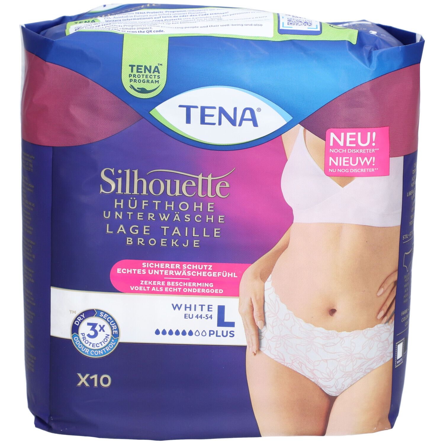 Verpackung von TENA Silhouette Plus White L. Hüfthohe Unterwäsche. Größe L. Zehn Stück. Mit Illustration einer Frau.