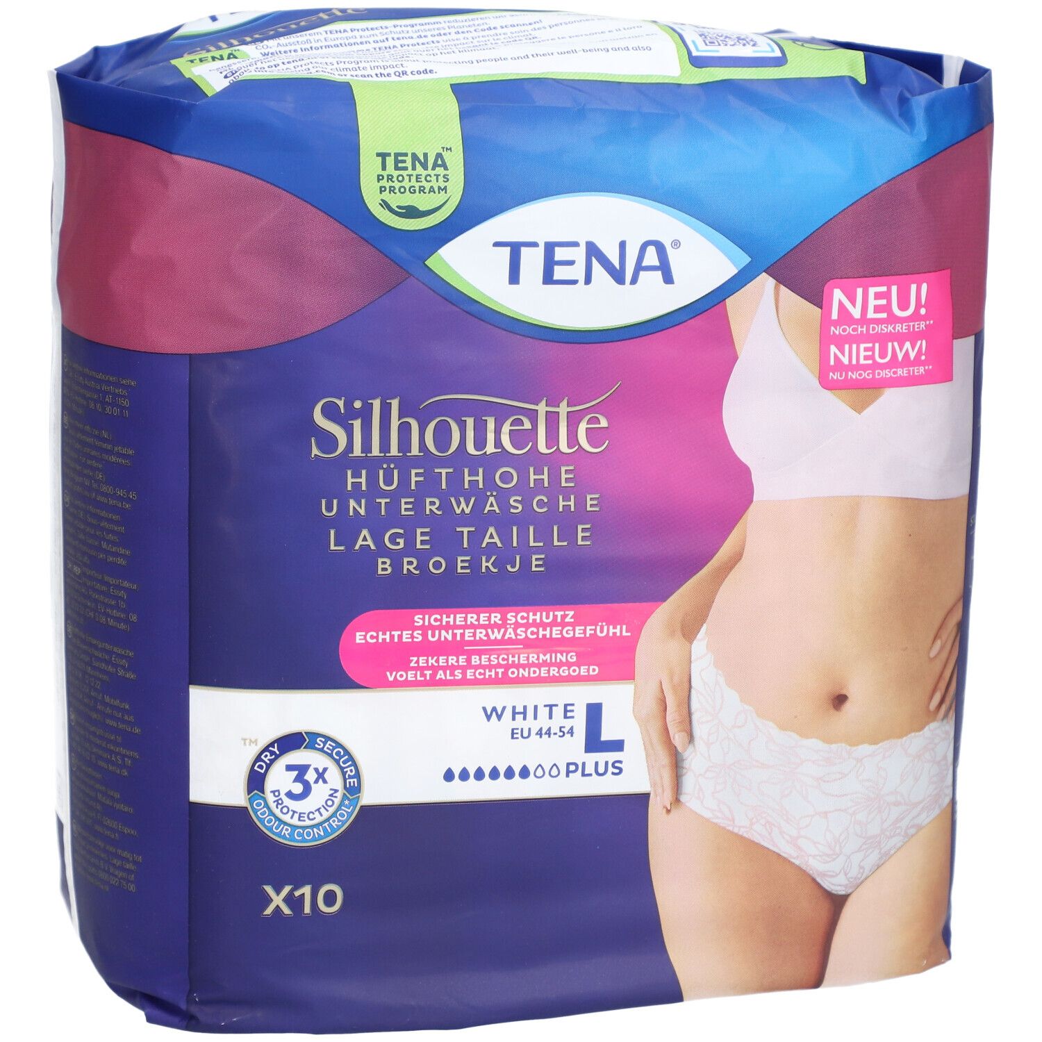 Verpackung von TENA Silhouette Plus White L. Hüfthohe Unterwäsche. Größe L. Zehn Stück. Mit Illustration einer Frau.
