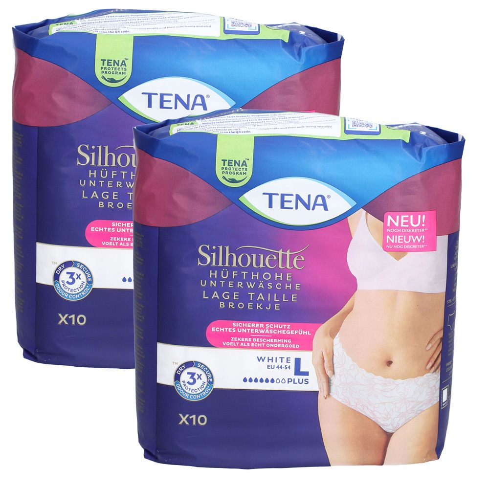 Zwei Packungen TENA Silhouette Plus White L. Verpackung mit Produktabbildung und Produktinformationen. Aufdruck: 3X, X10.