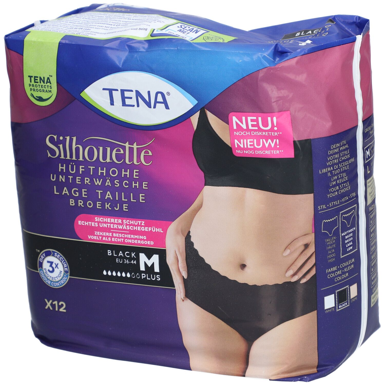 Verpackung von TENA Silhouette Plus Black. Größe M, 12 Stück. Aufdruck: Hüfthohe Unterwäsche, schwarz. Mit Illustration einer Frau.