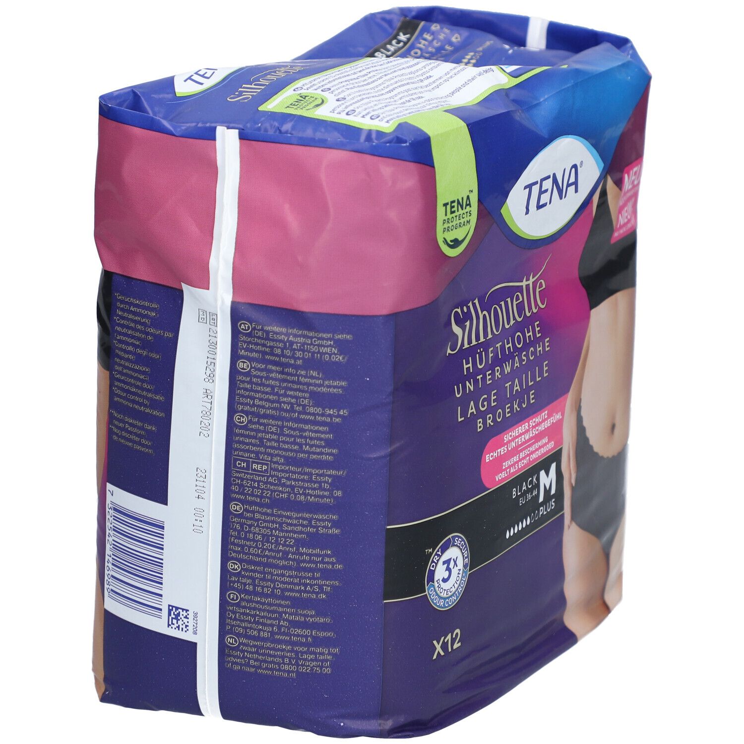 Rückseite der TENA Silhouette Plus Black Verpackung. Informationen in mehreren Sprachen. Größe M. Produktabbildung.