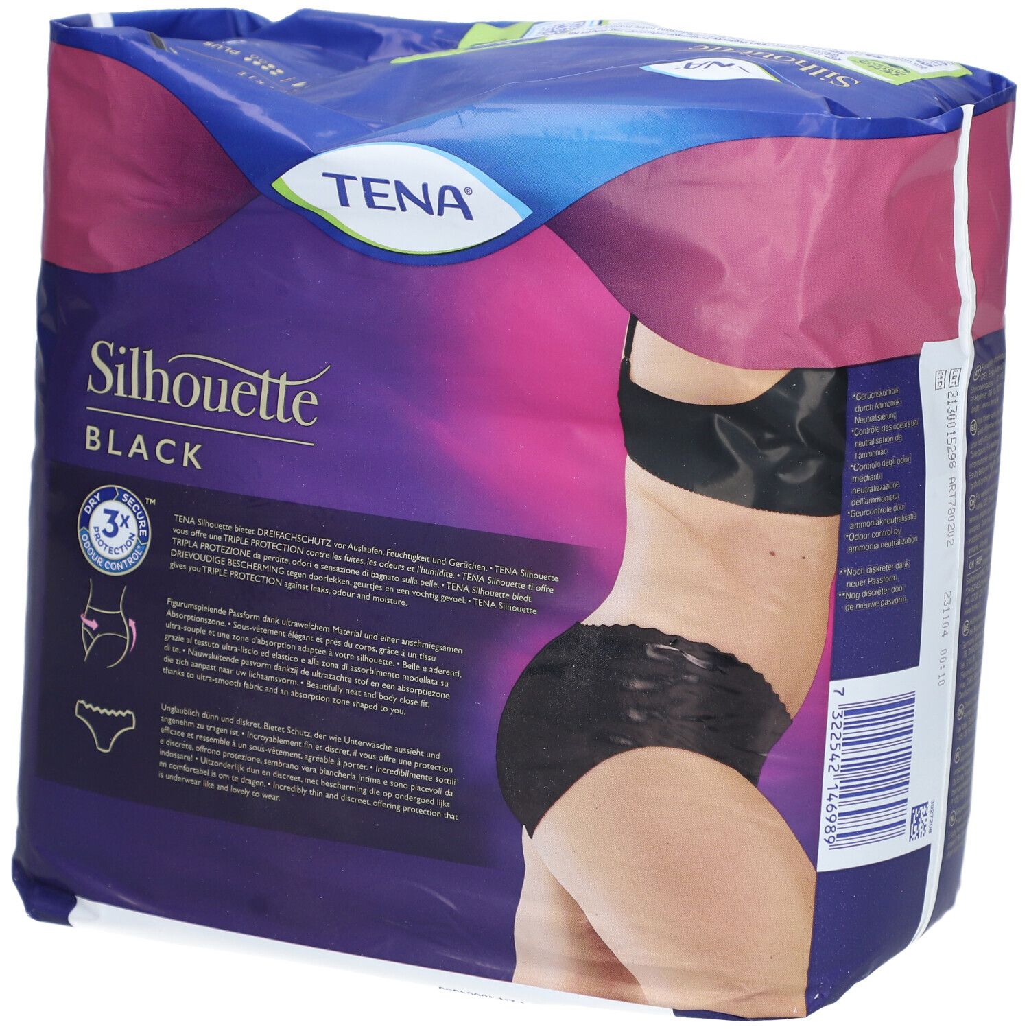Verpackung von TENA Silhouette Black. Produktabbildung. Aufdruck: Hüfthohe Unterwäsche. Größe M. 3X Schutz.