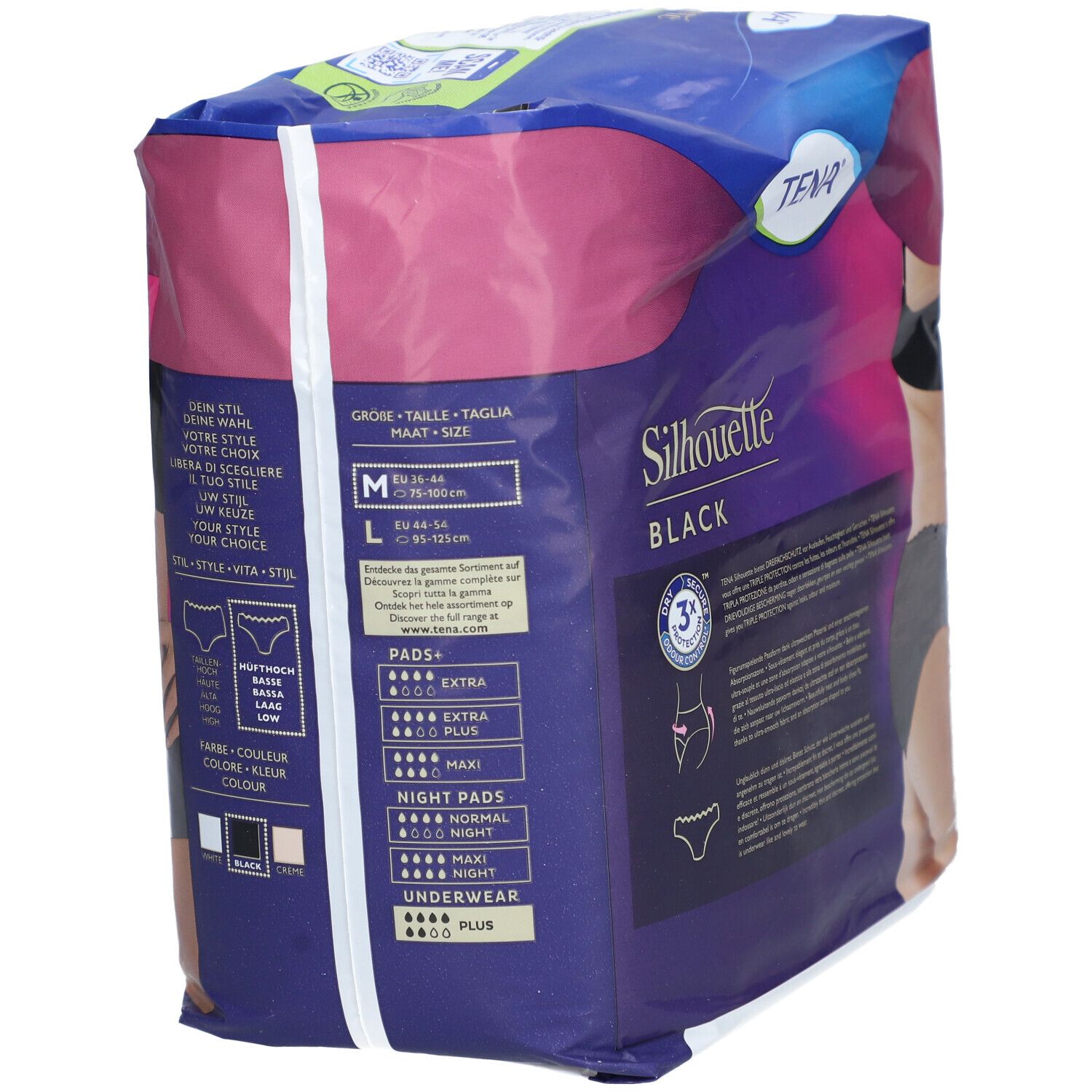 Rückseite der TENA Silhouette Black Verpackung. Größenangaben M und L. Produktabbildung. Informationen in mehreren Sprachen.