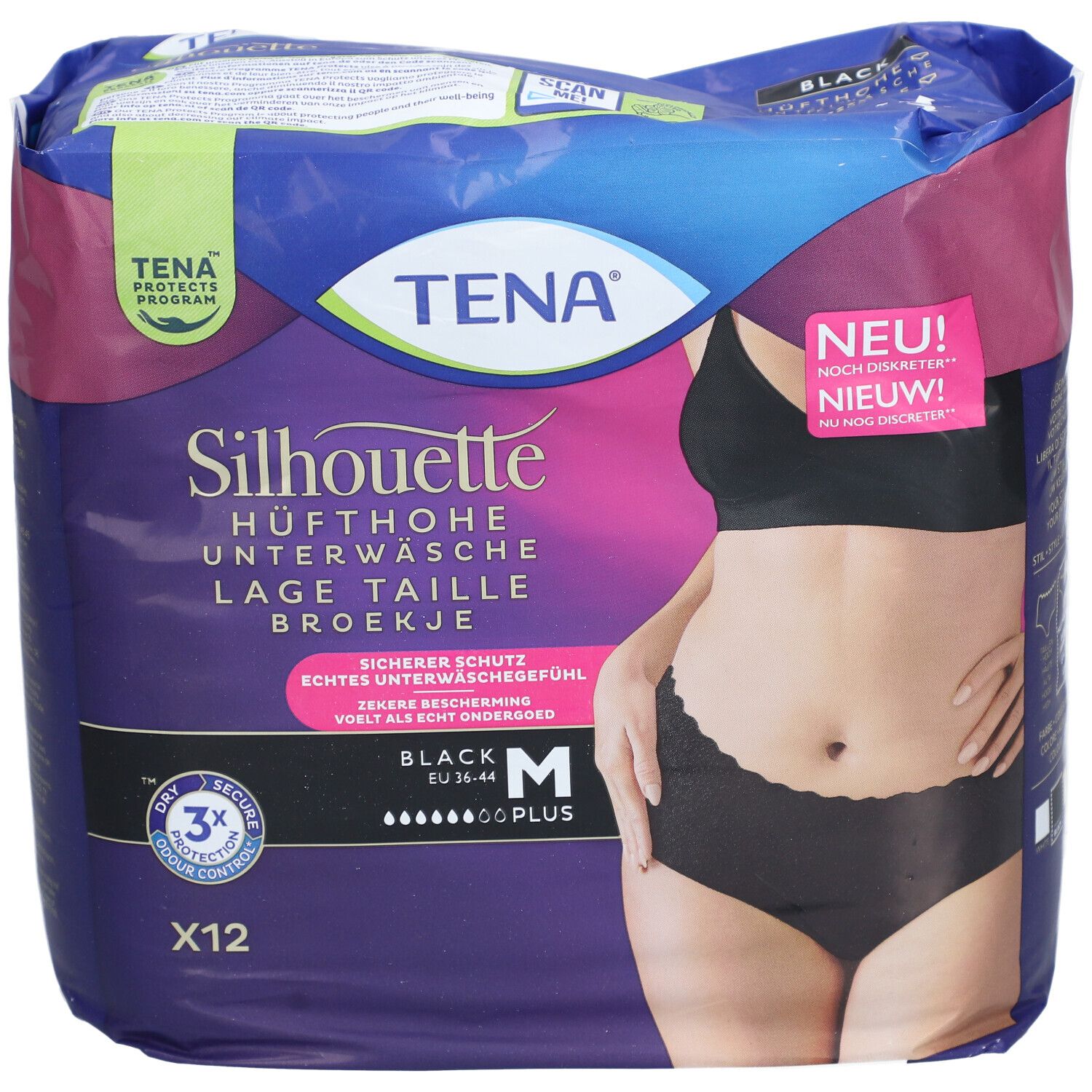 Verpackung von TENA Silhouette Plus Black. Größe M, 12 Stück. Aufdruck: Hüfthohe Unterwäsche, schwarz. Mit Illustration einer Frau.