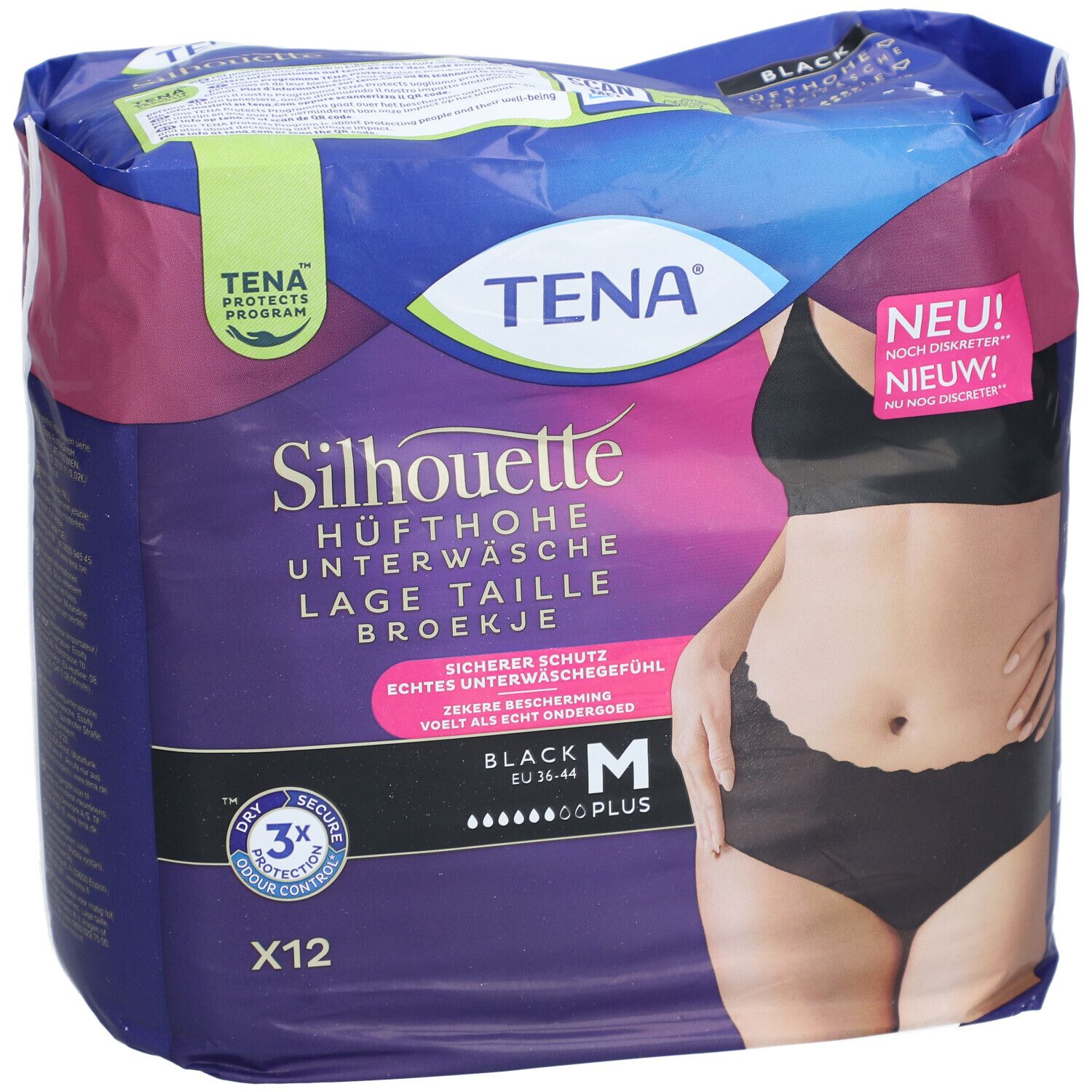 Verpackung von TENA Silhouette Plus Black. Größe M, 12 Stück. Aufdruck: Hüfthohe Unterwäsche, schwarz. Mit Illustration einer Frau.