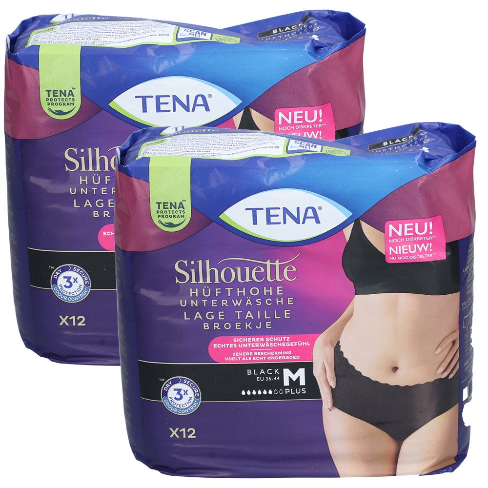 Zwei Packungen TENA Silhouette Plus Black M. Hüfthohe Unterwäsche. Schwarze Farbe. X12 Stück pro Packung.