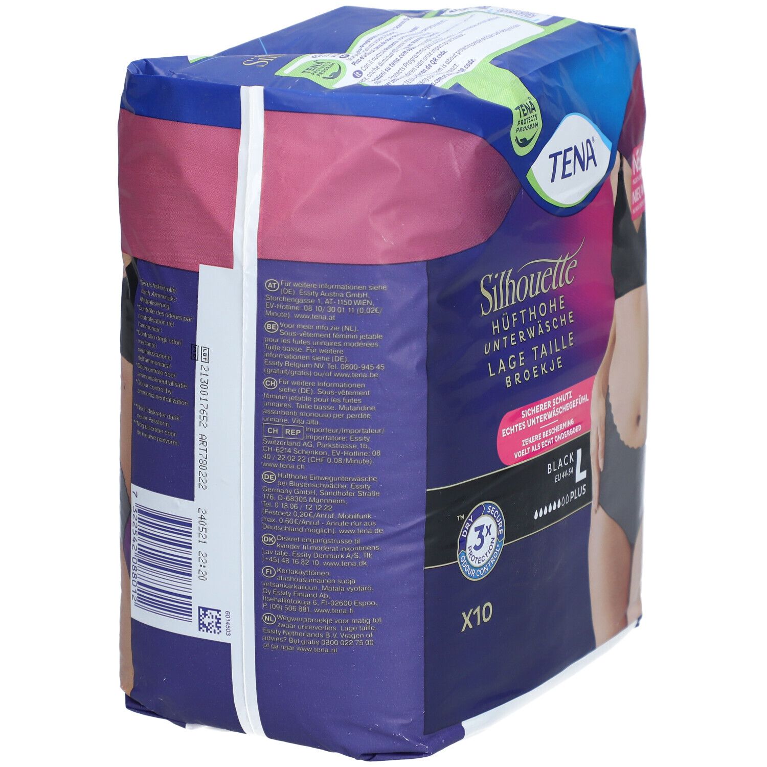Rückseite der TENA Silhouette Plus Black L Verpackung. Produktinformationen und Illustration einer Frau.