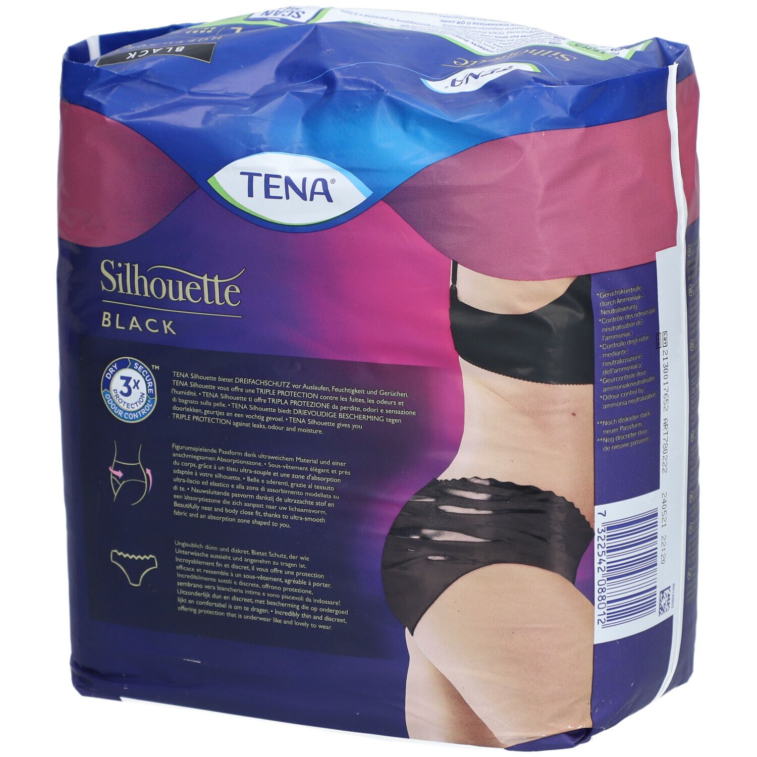 Rückseite der TENA Silhouette Plus Black L Verpackung. Produktinformationen und Illustration einer Frau.