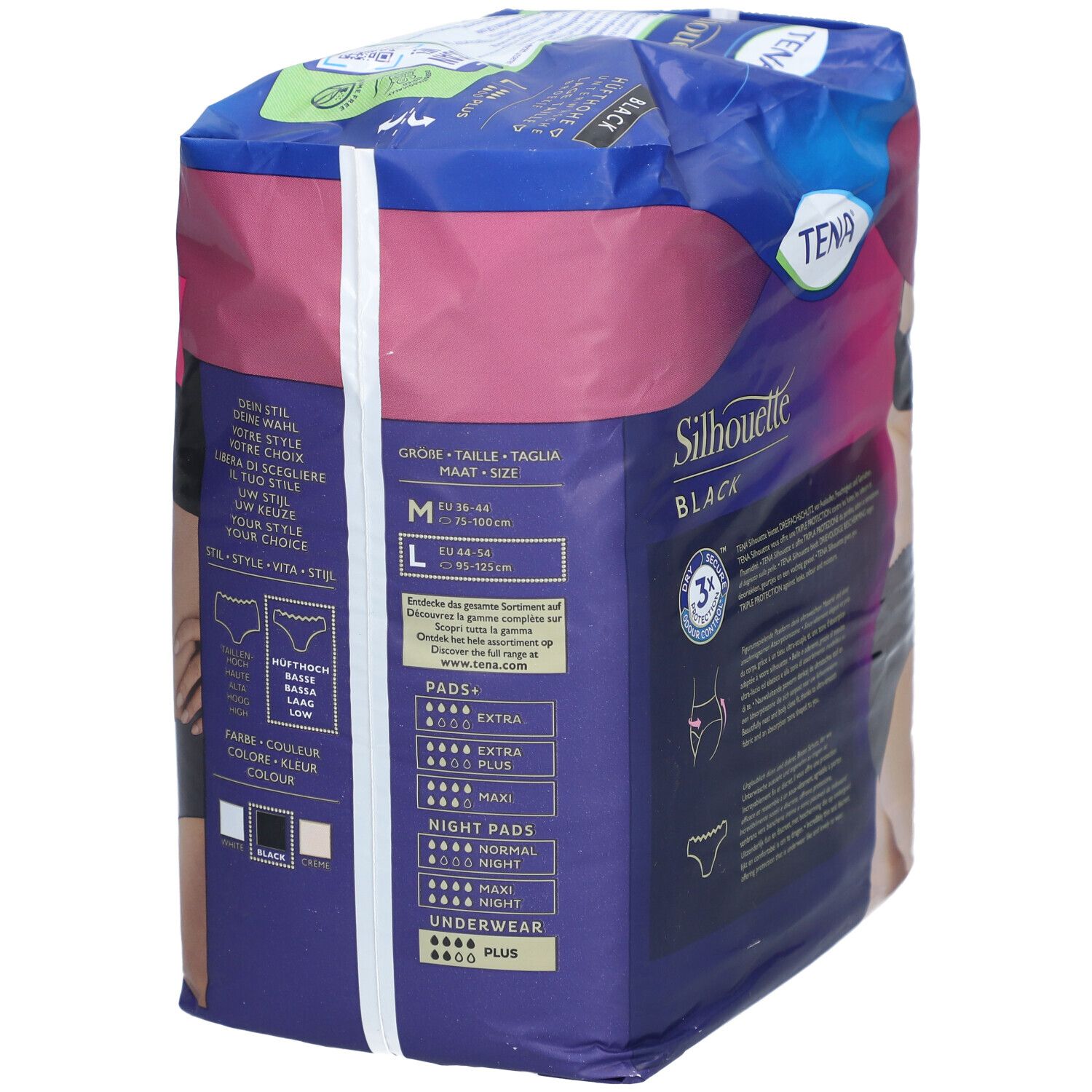 Rückseite der TENA Silhouette Plus Black L Verpackung. Größeninformationen und Illustrationen.