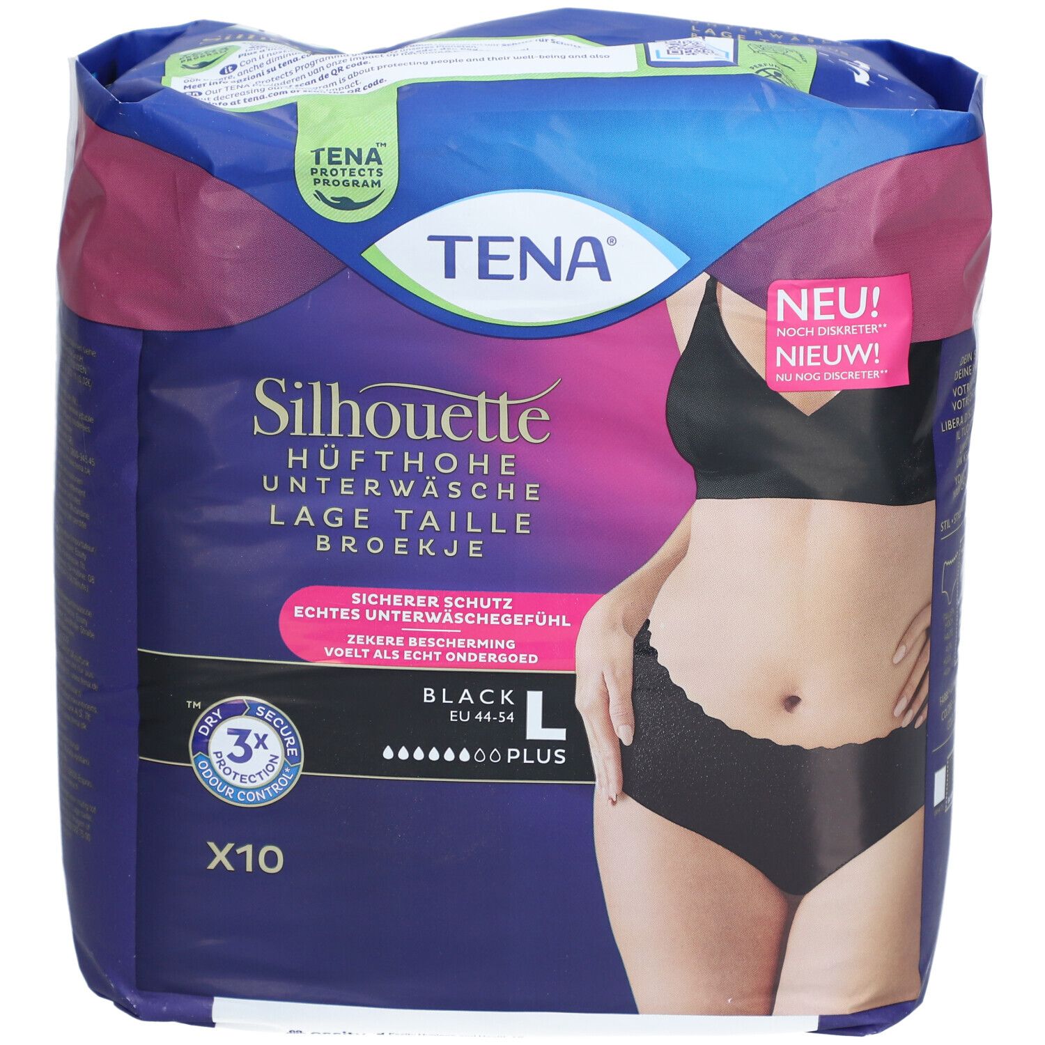 Verpackung von TENA Silhouette Plus Black L. Schwarze Unterwäsche, Größe L, 10 Stück. Mit Illustration einer Frau.